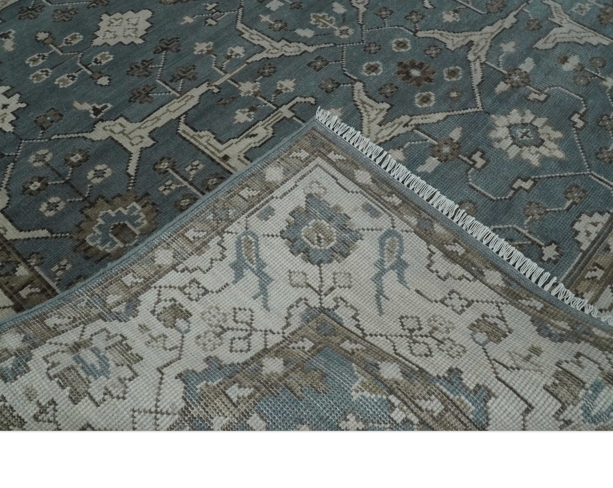 Custom Made Traditional Hand Knotted Blue, Ivory and Brown Oriental Oushak wool Area Rug - The Rug Decor
