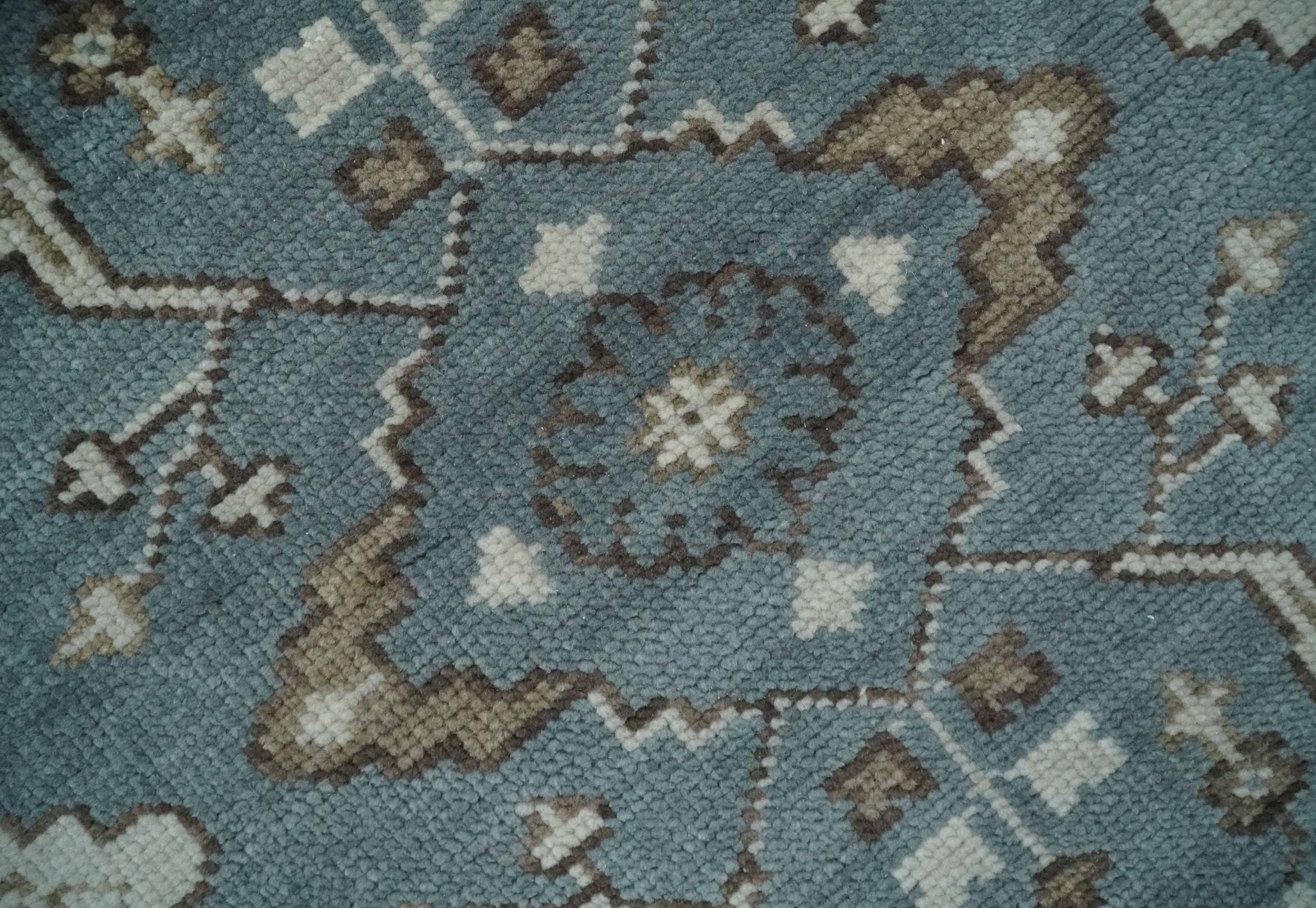 Custom Made Traditional Hand Knotted Blue, Ivory and Brown Oriental Oushak wool Area Rug - The Rug Decor