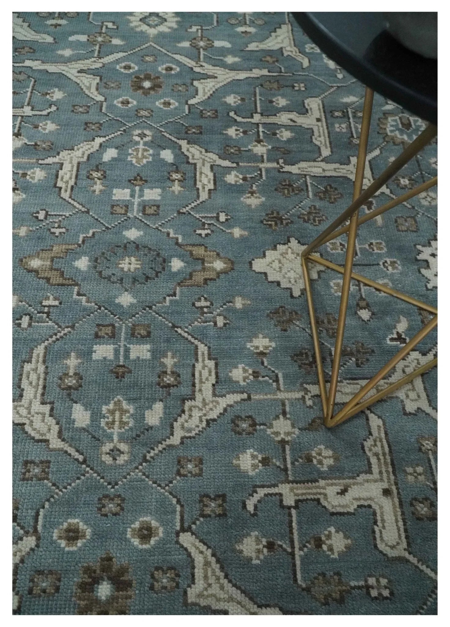 Custom Made Traditional Hand Knotted Blue, Ivory and Brown Oriental Oushak wool Area Rug - The Rug Decor