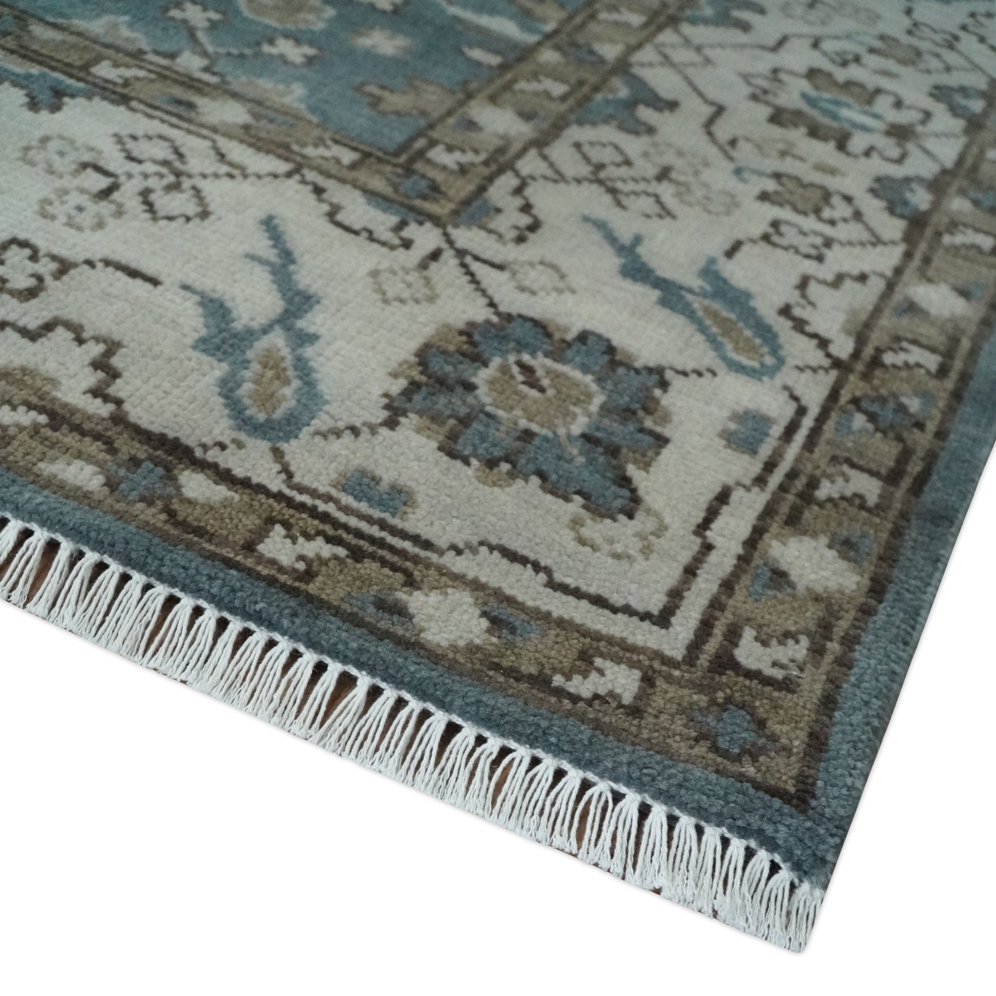 Custom Made Traditional Hand Knotted Blue, Ivory and Brown Oriental Oushak wool Area Rug - The Rug Decor
