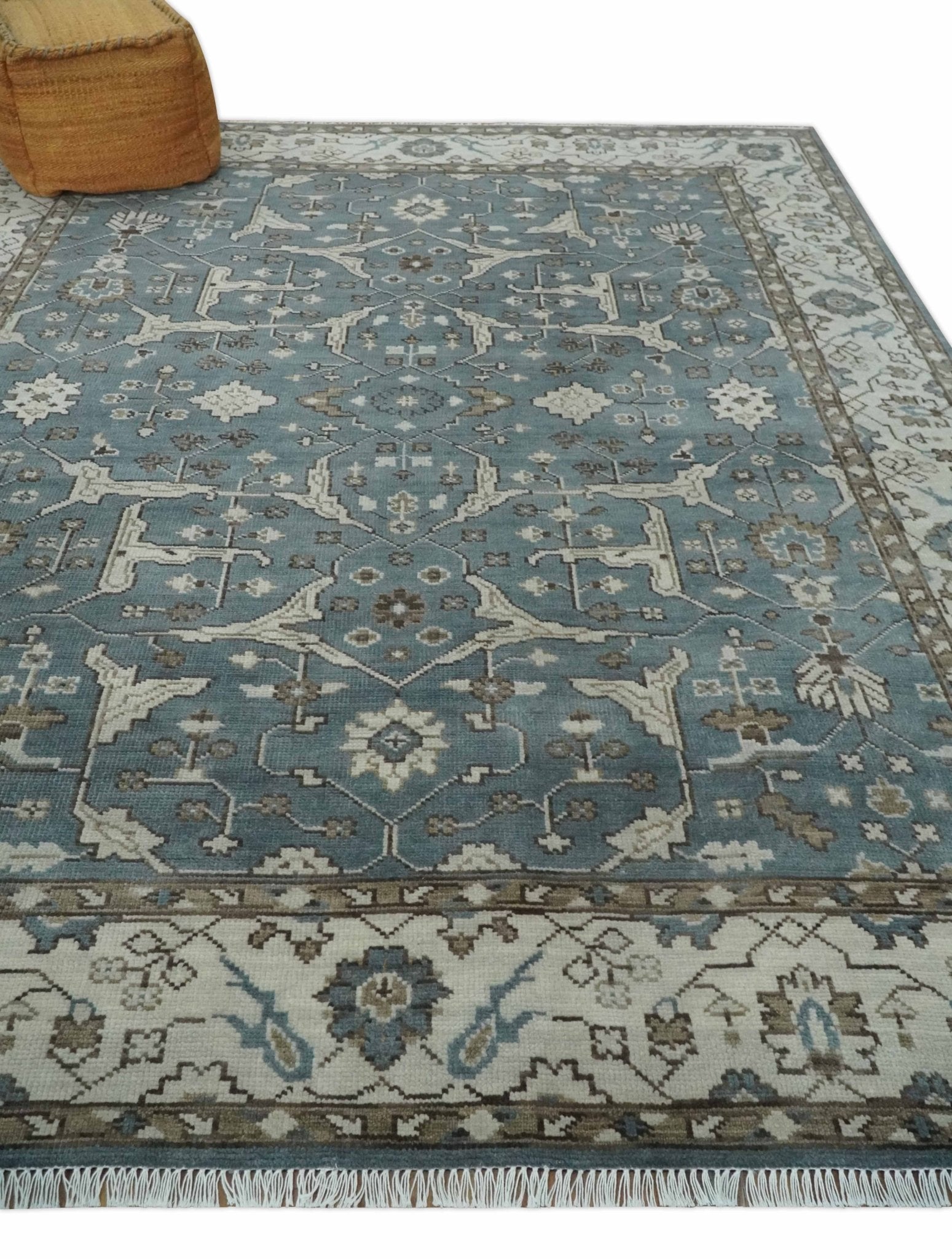 Custom Made Traditional Hand Knotted Blue, Ivory and Brown Oriental Oushak wool Area Rug - The Rug Decor