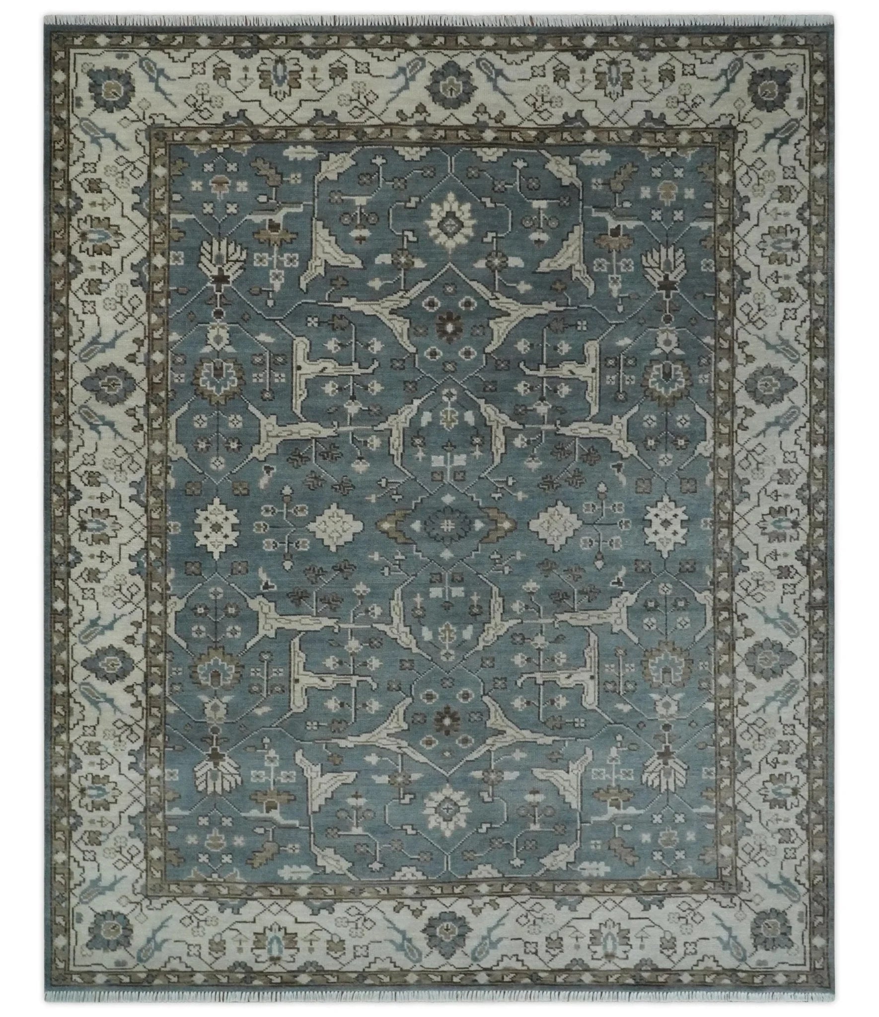 Custom Made Traditional Hand Knotted Blue, Ivory and Brown Oriental Oushak wool Area Rug - The Rug Decor