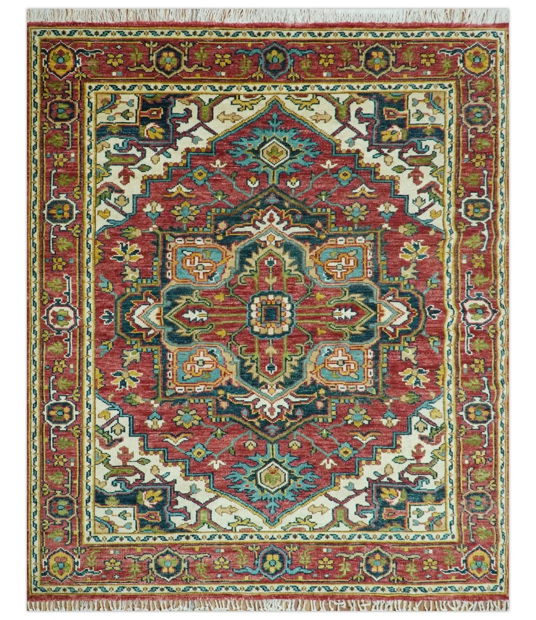 Custom Made Traditional Heriz Red And Ivory Hand Knotted Wool Rug - The Rug Decor