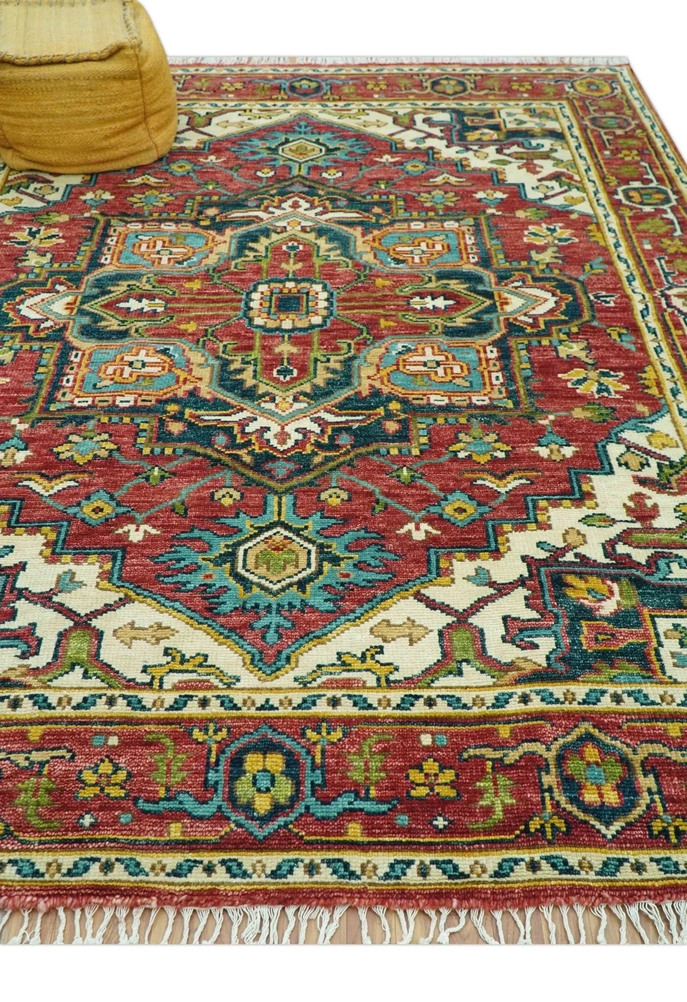 Custom Made Traditional Heriz Red And Ivory Hand Knotted Wool Rug - The Rug Decor