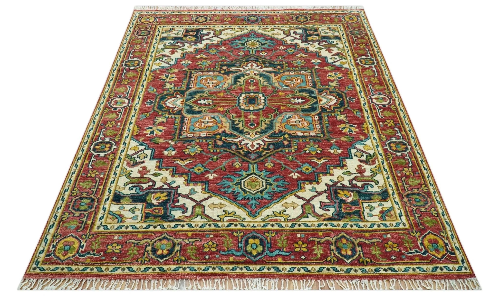 Custom Made Traditional Heriz Red And Ivory Hand Knotted Wool Rug - The Rug Decor