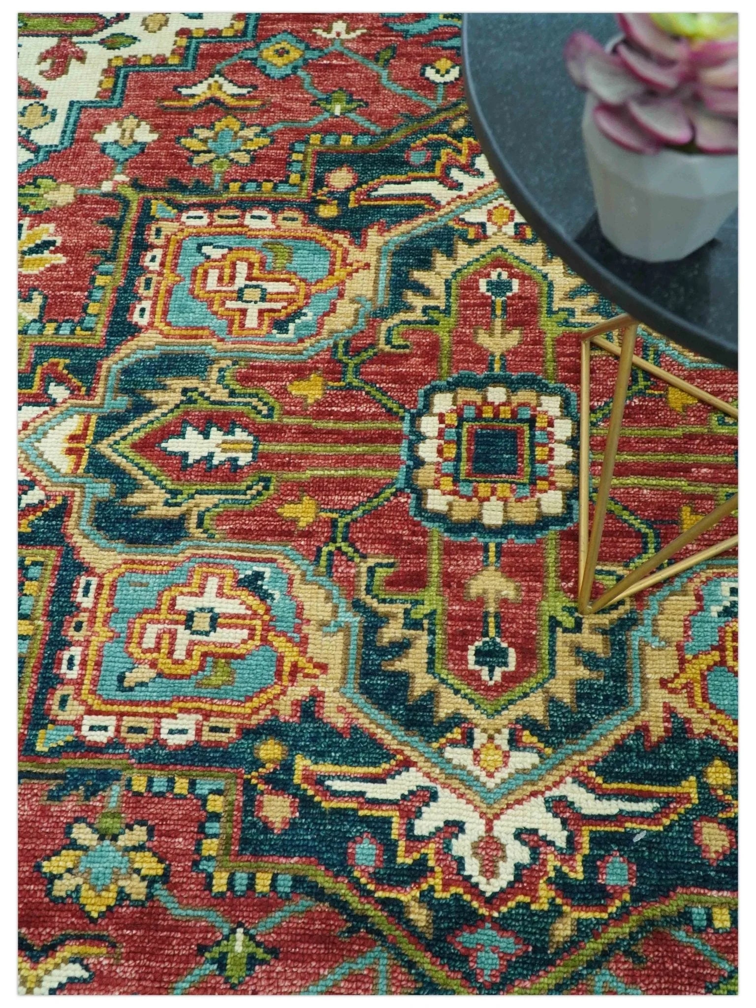 Custom Made Traditional Heriz Red And Ivory Hand Knotted Wool Rug - The Rug Decor