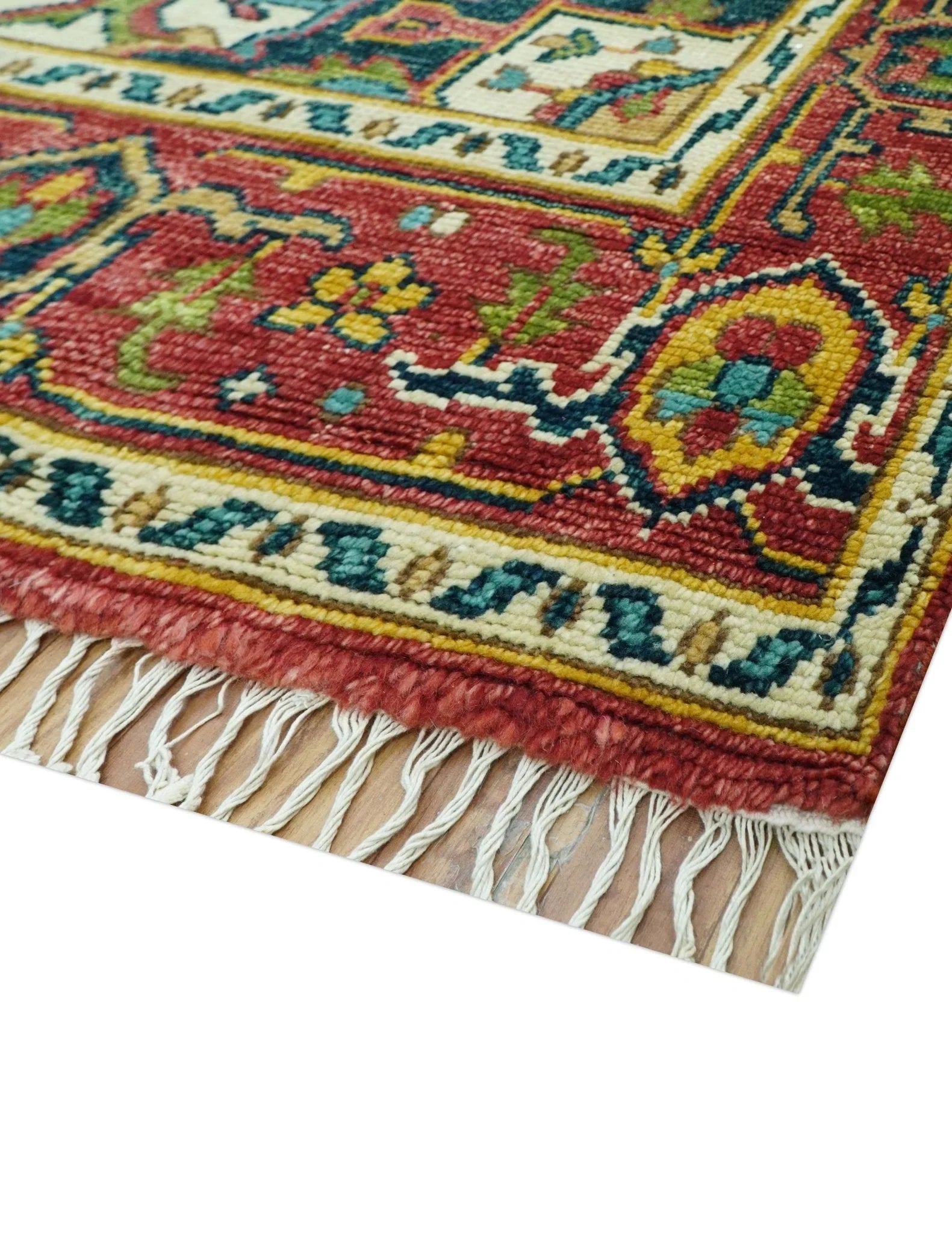Custom Made Traditional Heriz Red And Ivory Hand Knotted Wool Rug - The Rug Decor