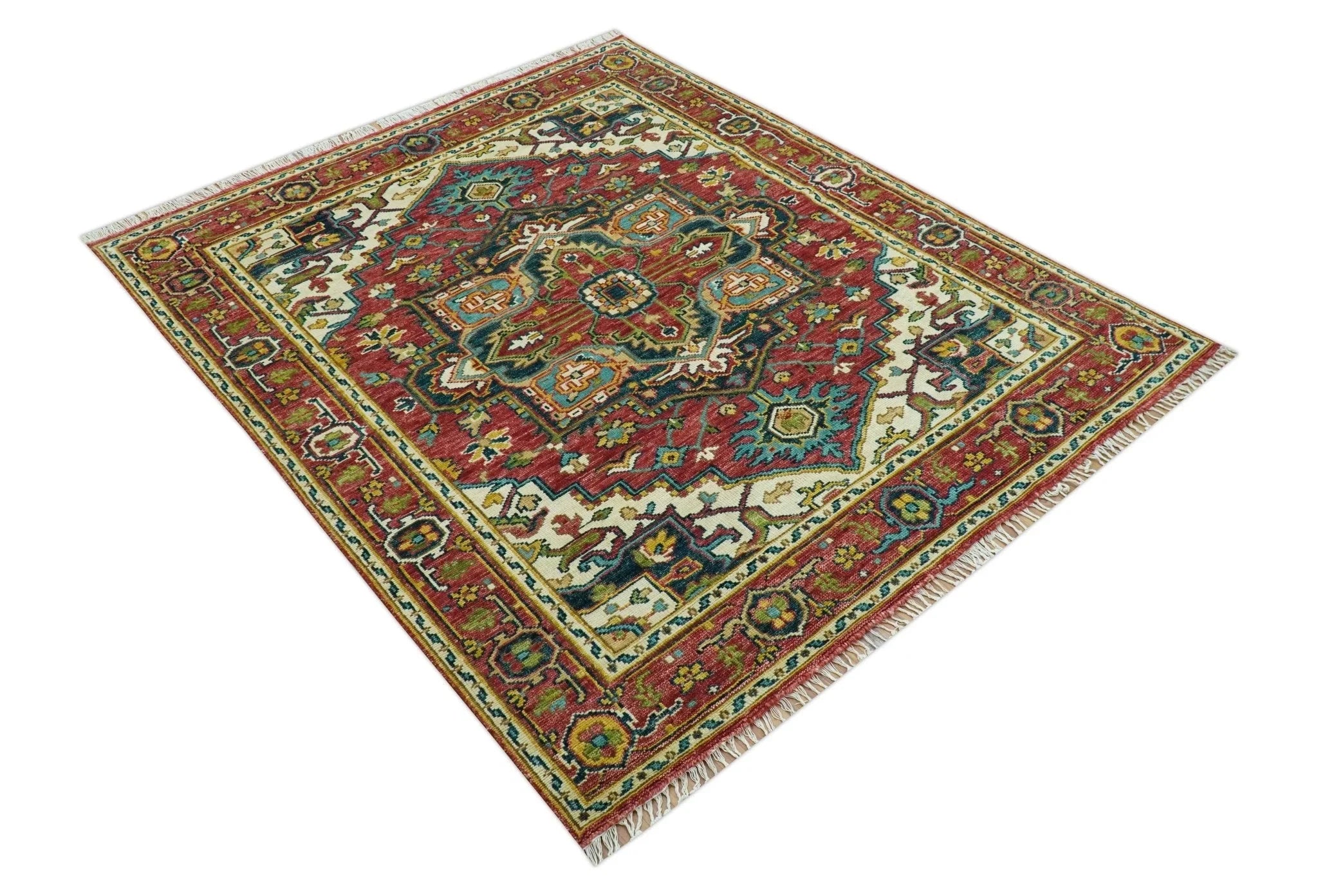 Custom Made Traditional Heriz Red And Ivory Hand Knotted Wool Rug - The Rug Decor