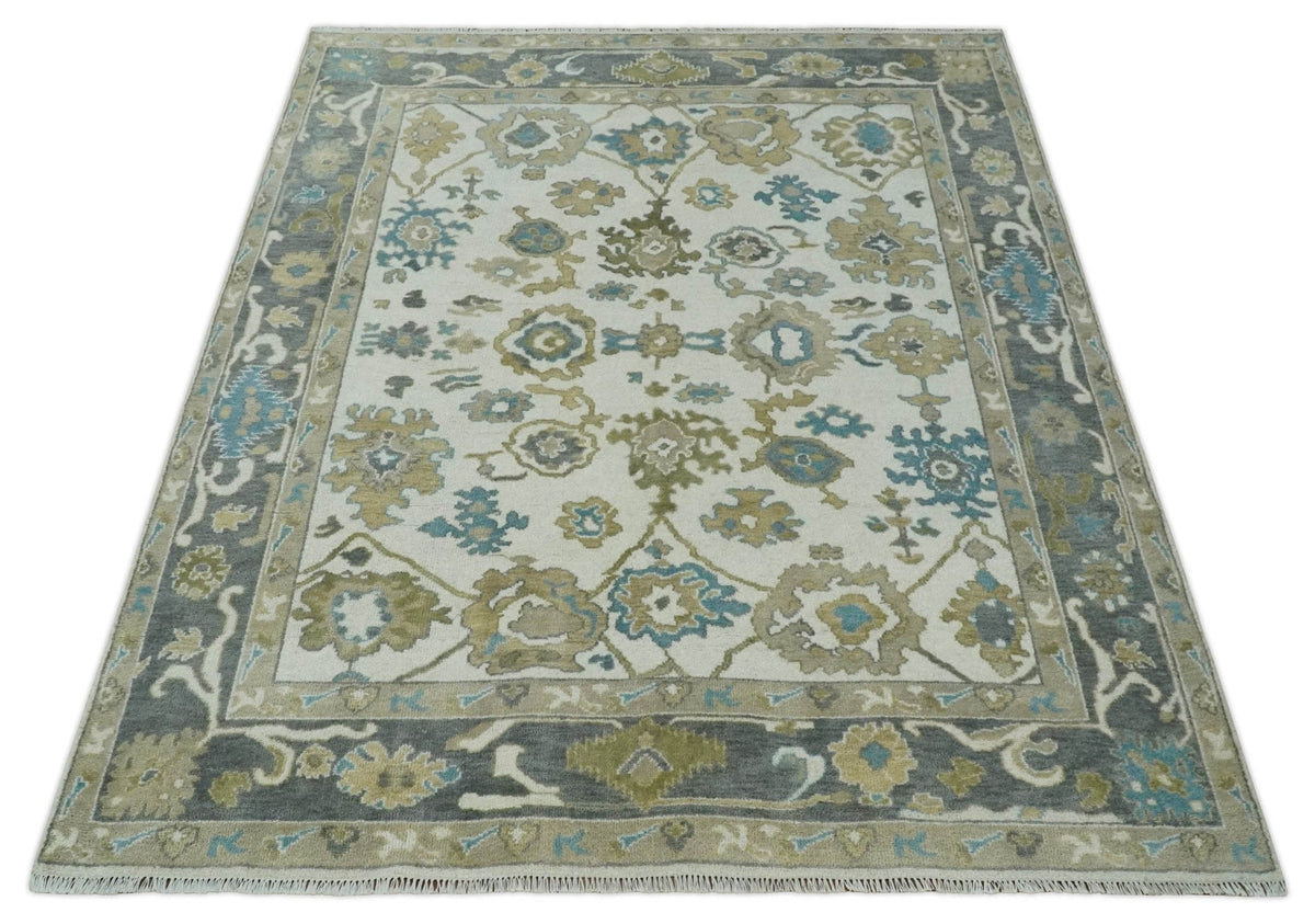 Custom Made Traditional Ivory and Charcoal Hand knotted Oushak Wool Area Rug
