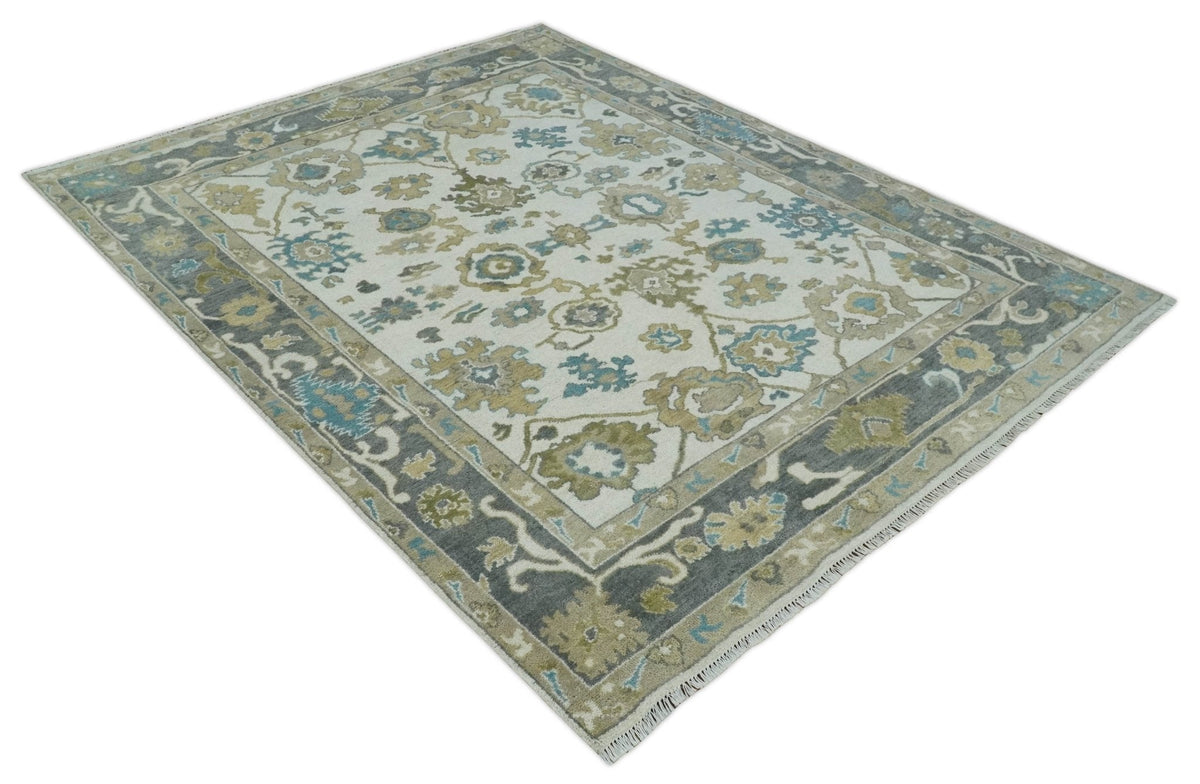 Custom Made Traditional Ivory and Charcoal Hand knotted Oushak Wool Area Rug