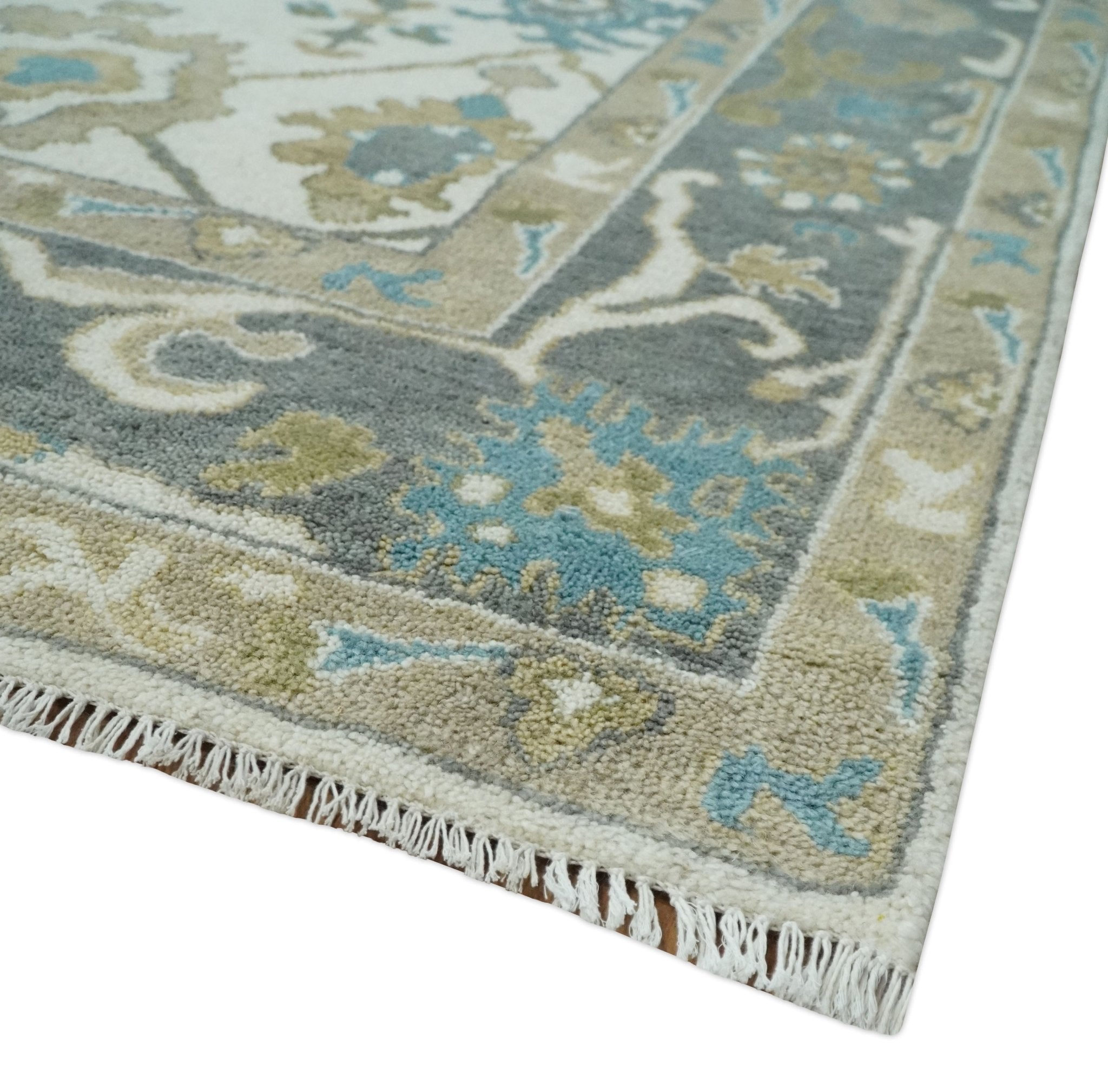 Custom Made Traditional Ivory and Charcoal Hand knotted Oushak Wool Area Rug - The Rug Decor