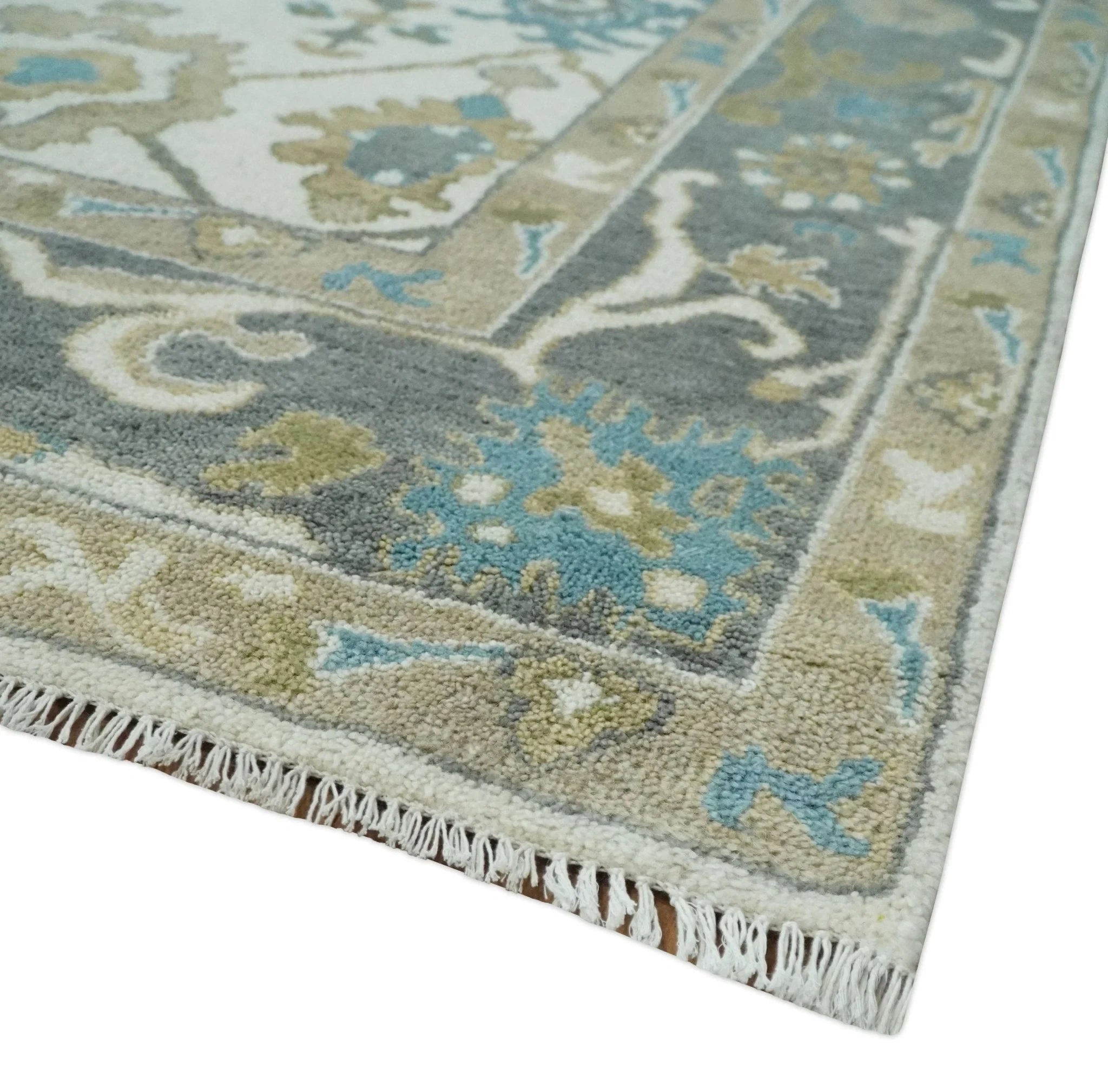 Custom Made Traditional Ivory and Charcoal Hand knotted Oushak Wool Area Rug - The Rug Decor