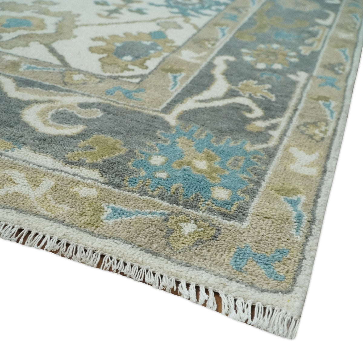 Custom Made Traditional Ivory and Charcoal Hand knotted Oushak Wool Area Rug