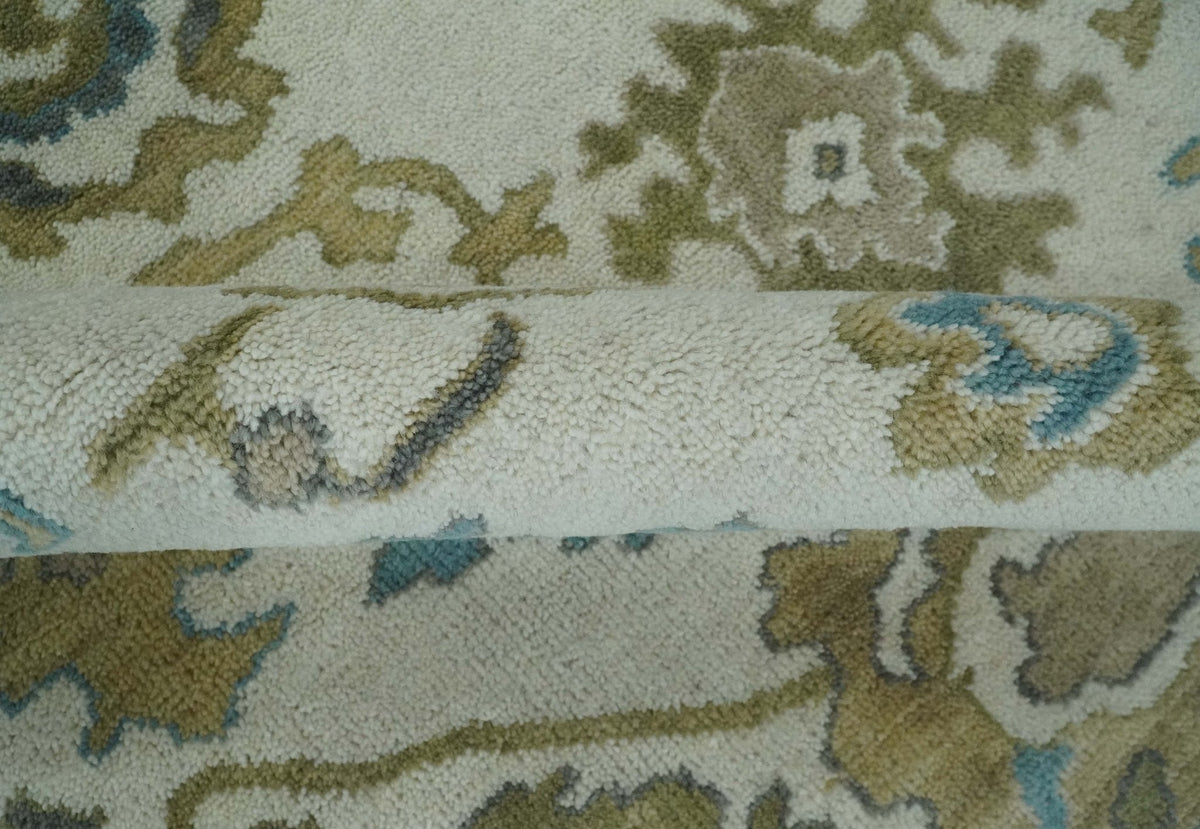 Custom Made Traditional Ivory and Charcoal Hand knotted Oushak Wool Area Rug