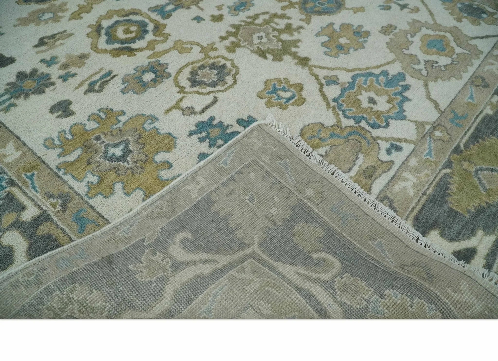 Custom Made Traditional Ivory and Charcoal Hand knotted Oushak Wool Area Rug - The Rug Decor