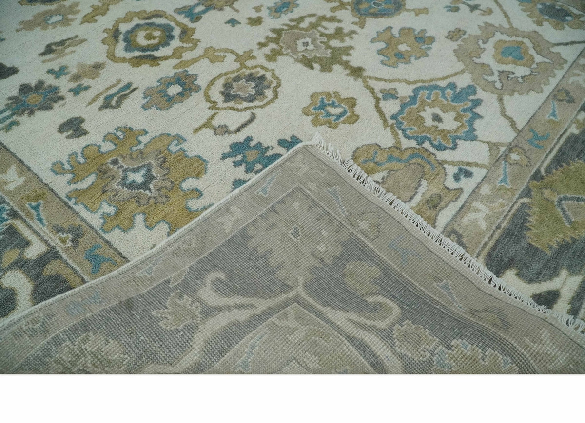 Custom Made Traditional Ivory and Charcoal Hand knotted Oushak Wool Area Rug