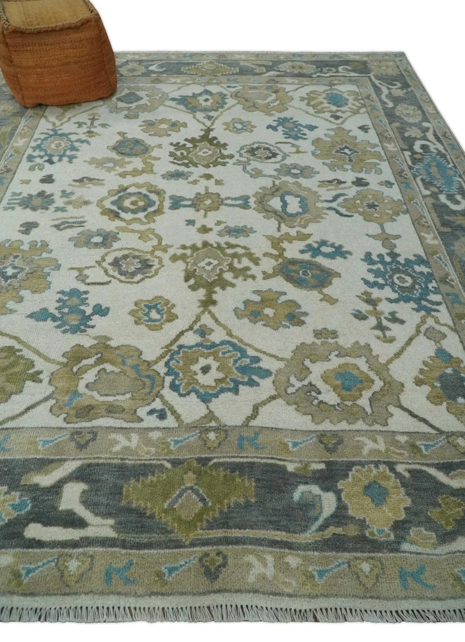 Custom Made Traditional Ivory and Charcoal Hand knotted Oushak Wool Area Rug - The Rug Decor