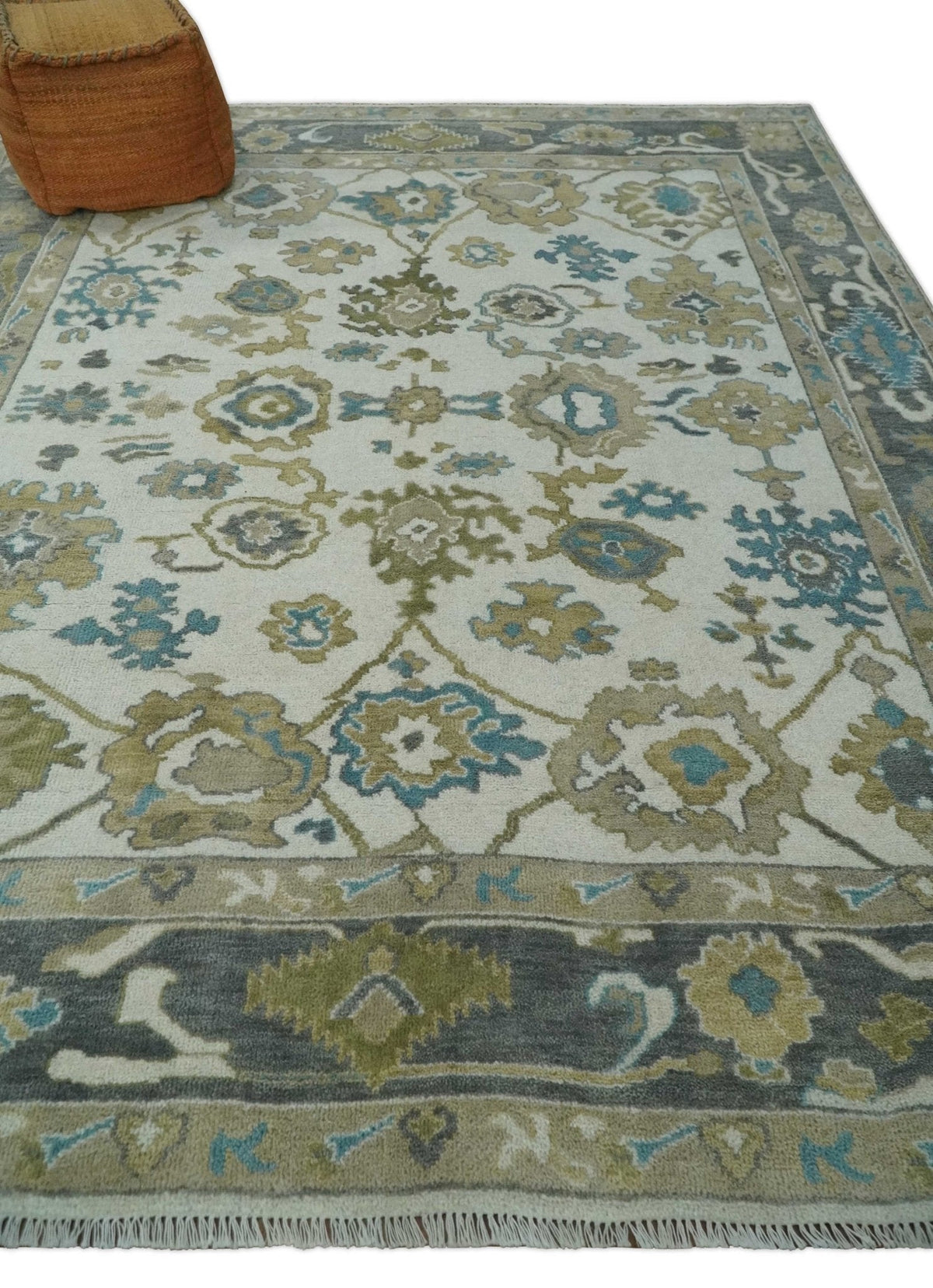 Custom Made Traditional Ivory and Charcoal Hand knotted Oushak Wool Area Rug
