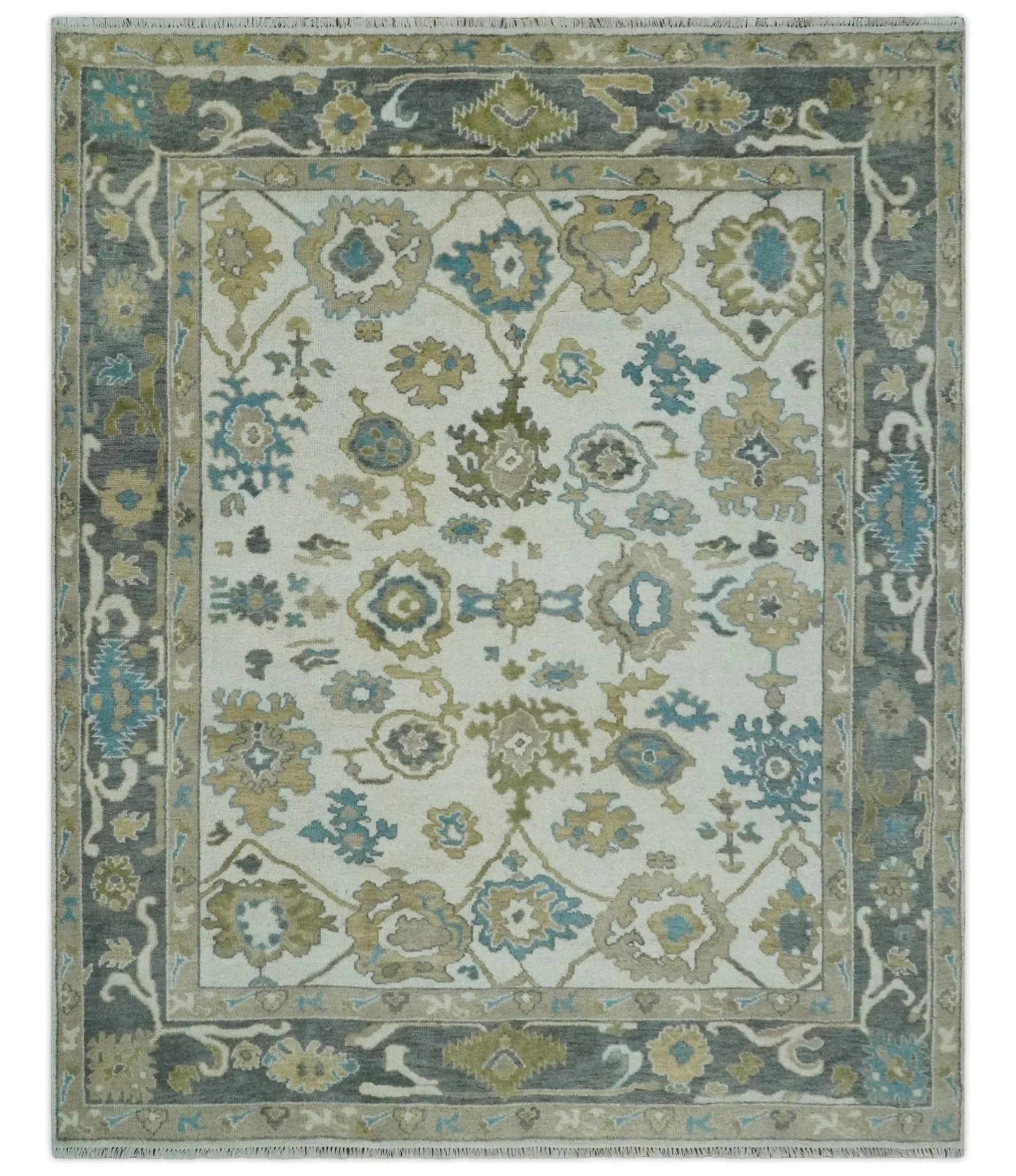 Custom Made Traditional Ivory and Charcoal Hand knotted Oushak Wool Area Rug - The Rug Decor