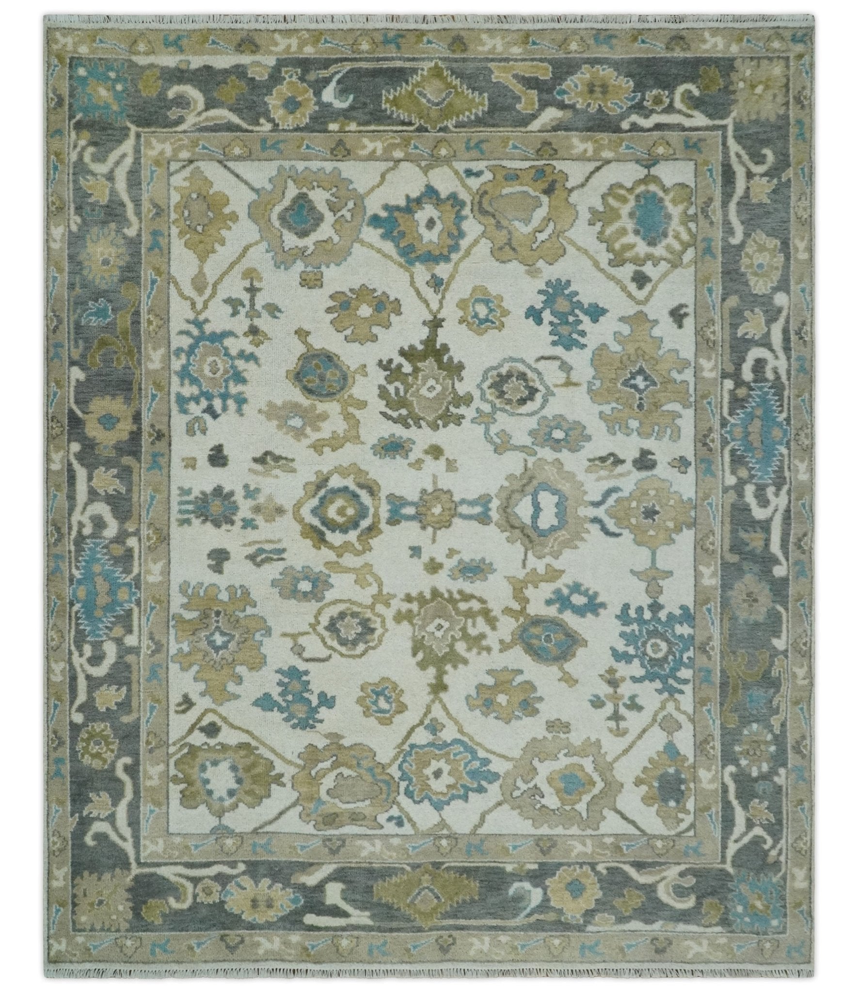 Custom Made Traditional Ivory and Charcoal Hand knotted Oushak Wool Area Rug