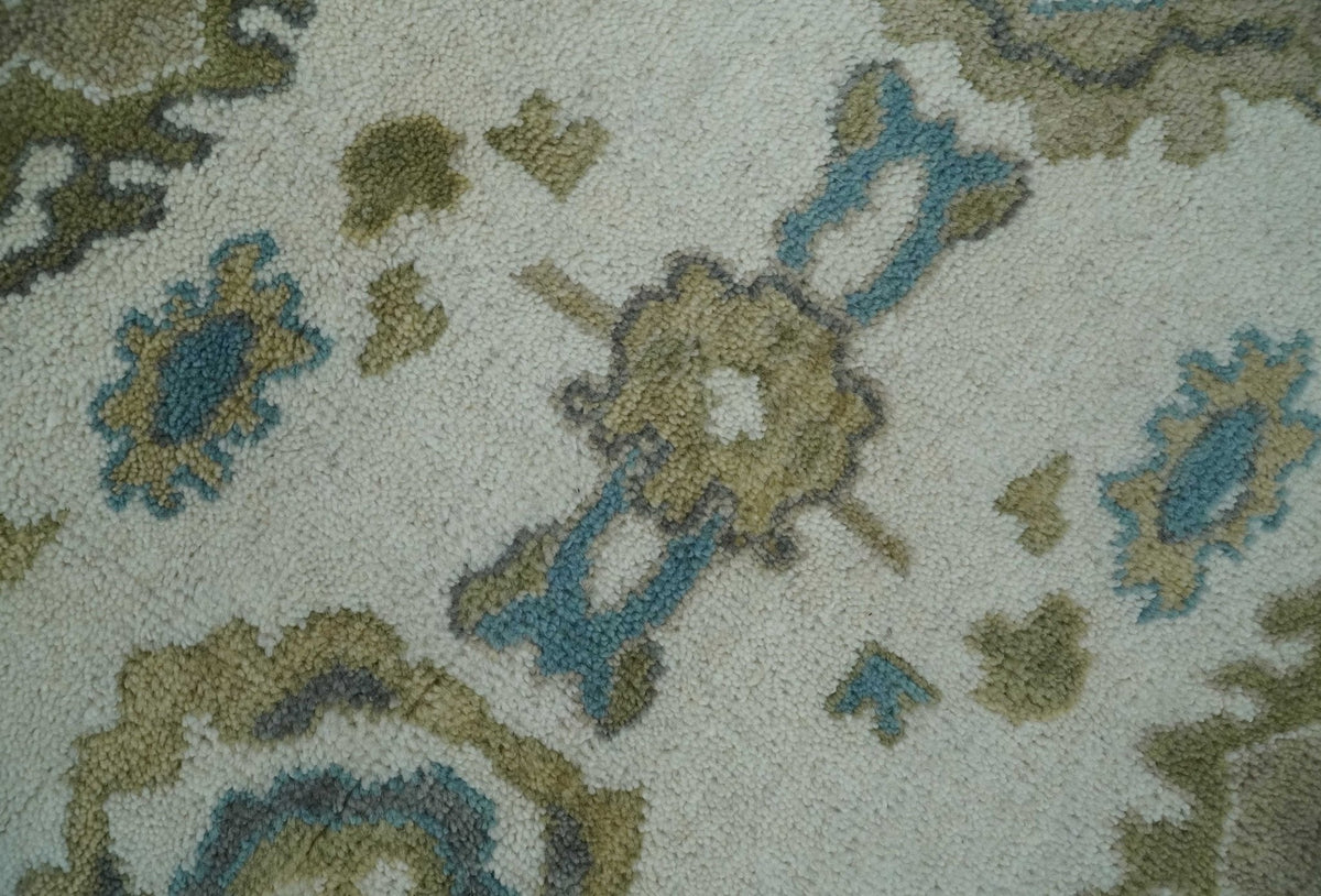 Custom Made Traditional Ivory and Charcoal Hand knotted Oushak Wool Area Rug