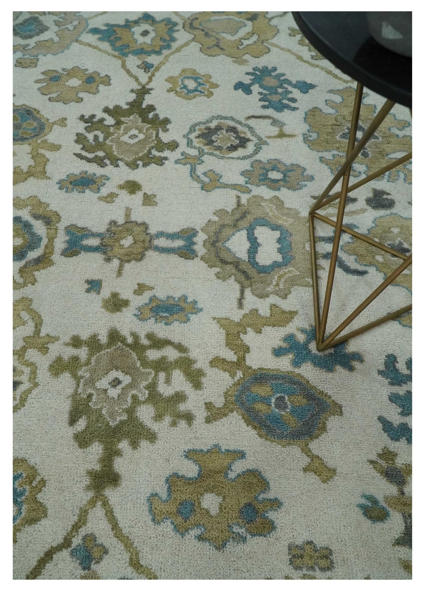 Custom Made Traditional Ivory and Charcoal Hand knotted Oushak Wool Area Rug
