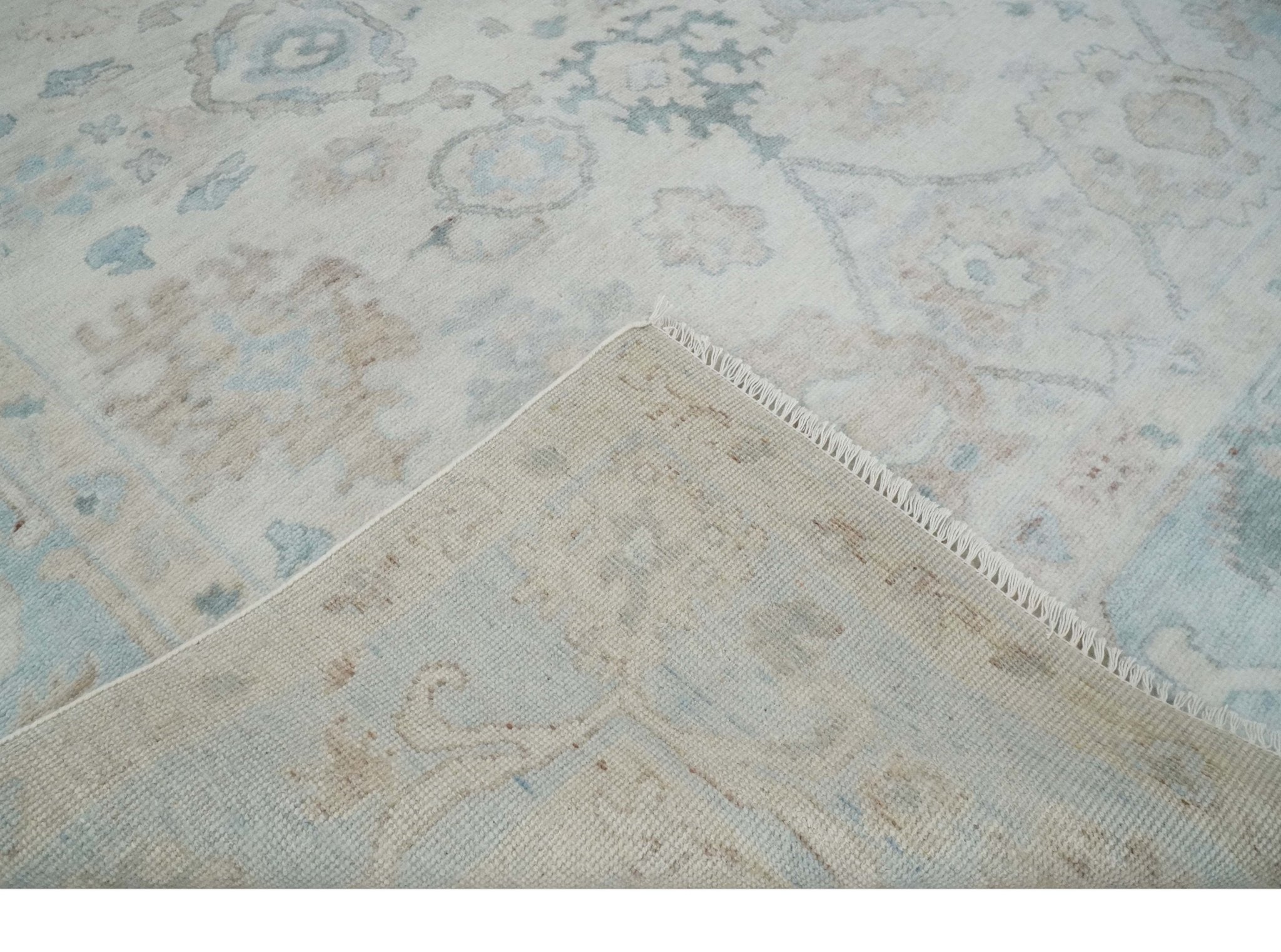 Custom Made Traditional Ivory and Silver Antique Style Oushak Hand knotted Wool Area Rug - The Rug Decor