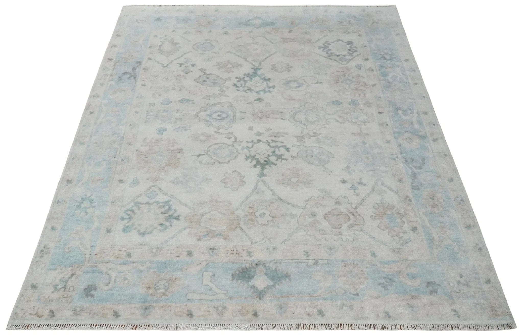 Custom Made Traditional Ivory and Silver Antique Style Oushak Hand knotted Wool Area Rug - The Rug Decor
