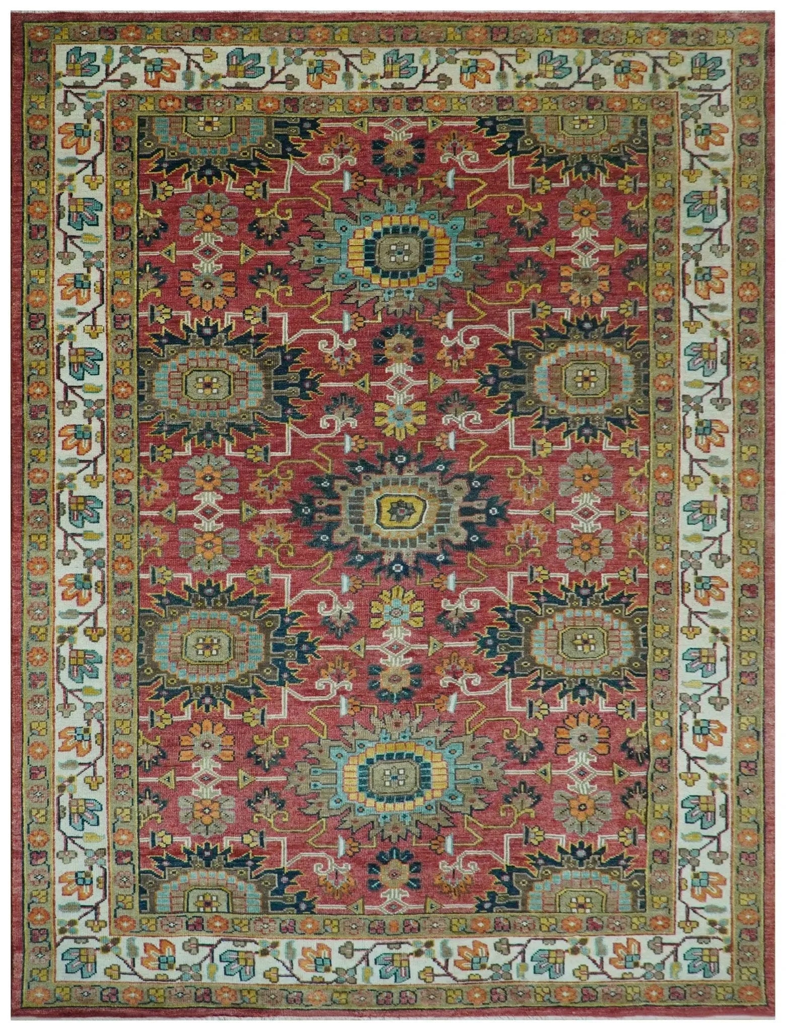 Custom Made Traditional Motifs Design Rust And Ivory Hand Knotted Wool Rug - The Rug Decor