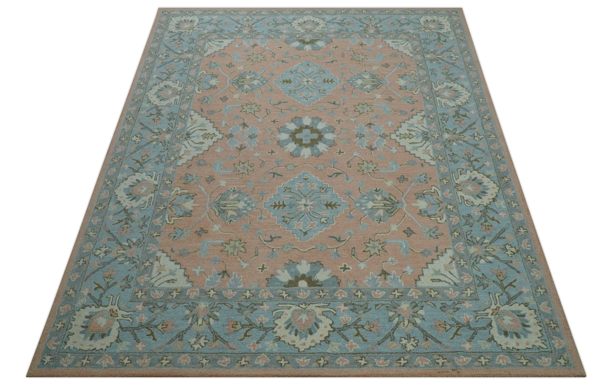 Custom Made Traditional Oriental Design Pink And Blue Hand Tufted Wool Area Rug - The Rug Decor
