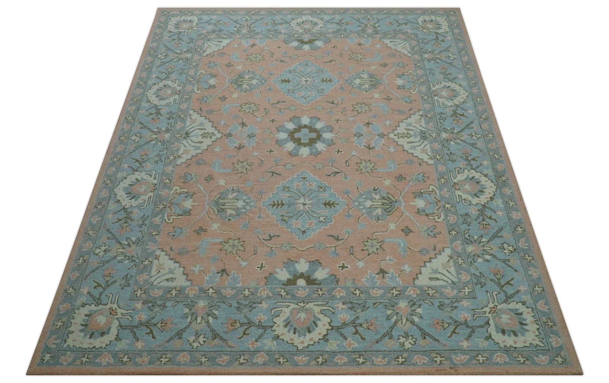 Custom Made Traditional Oriental Design Pink And Blue Hand Tufted Wool Area Rug - The Rug Decor