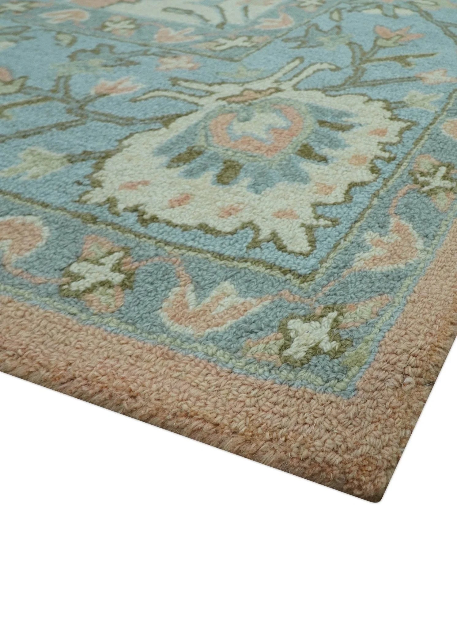Custom Made Traditional Oriental Design Pink And Blue Hand Tufted Wool Area Rug - The Rug Decor