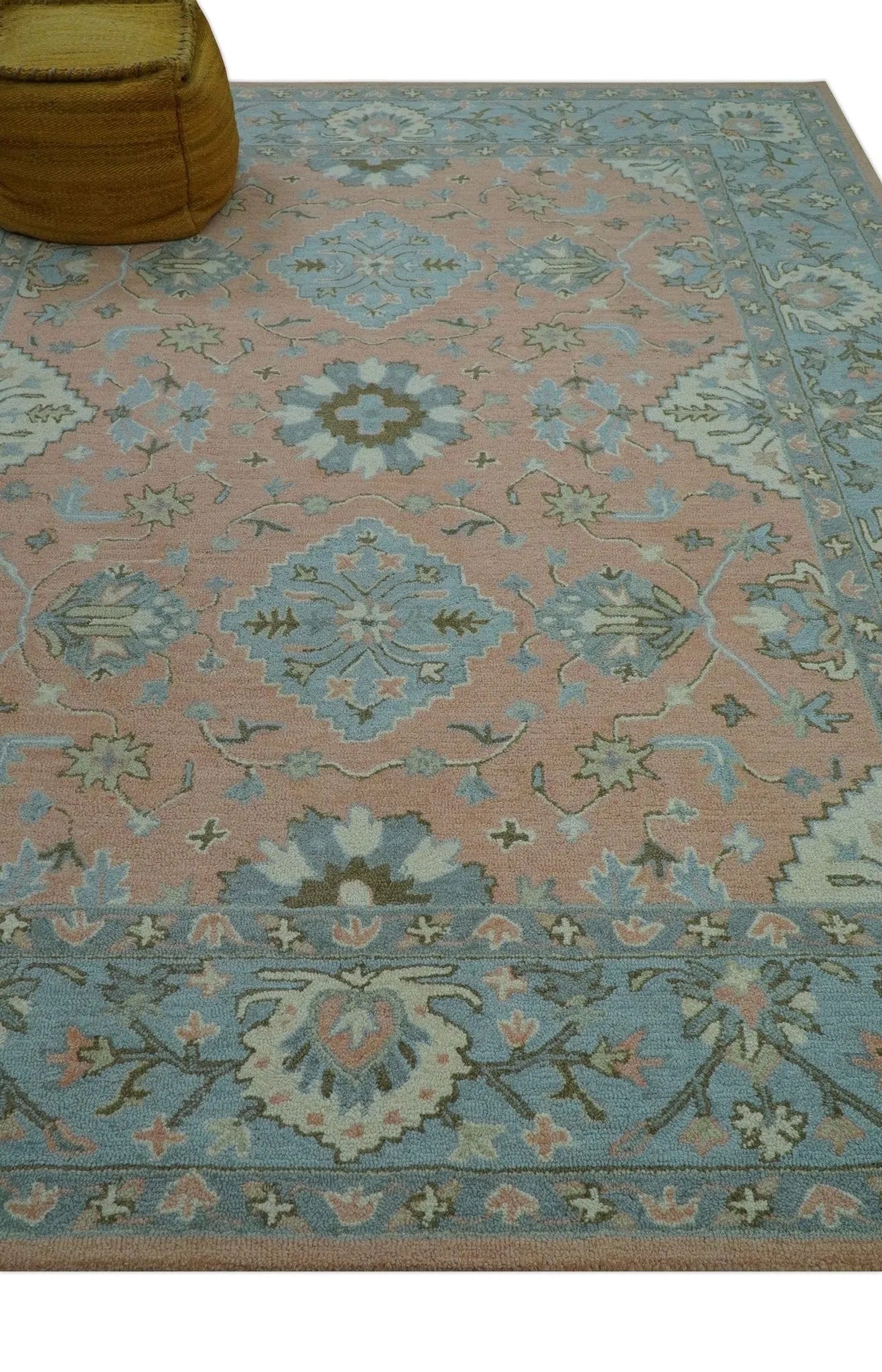 Custom Made Traditional Oriental Design Pink And Blue Hand Tufted Wool Area Rug - The Rug Decor