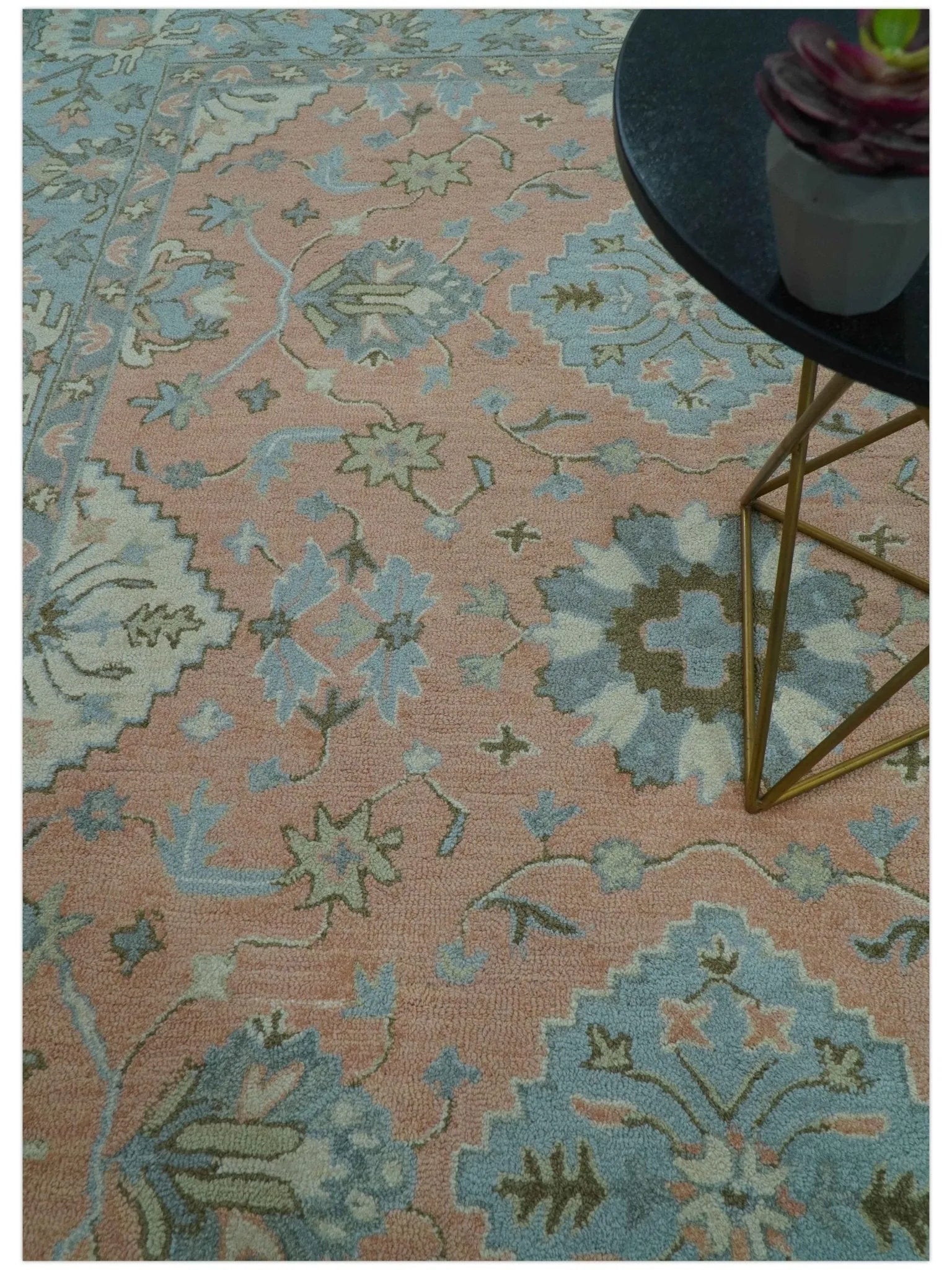 Custom Made Traditional Oriental Design Pink And Blue Hand Tufted Wool Area Rug - The Rug Decor