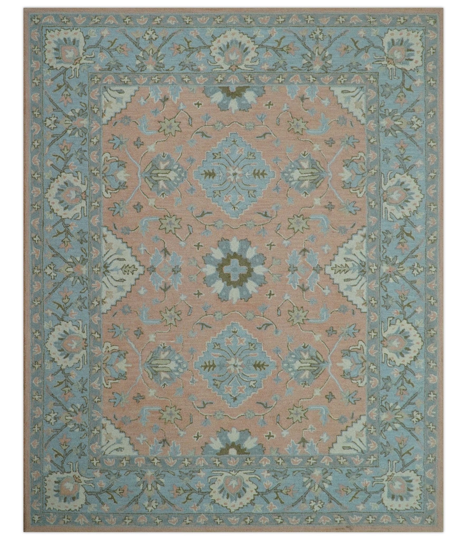 Custom Made Traditional Oriental Design Pink And Blue Hand Tufted Wool Area Rug - The Rug Decor