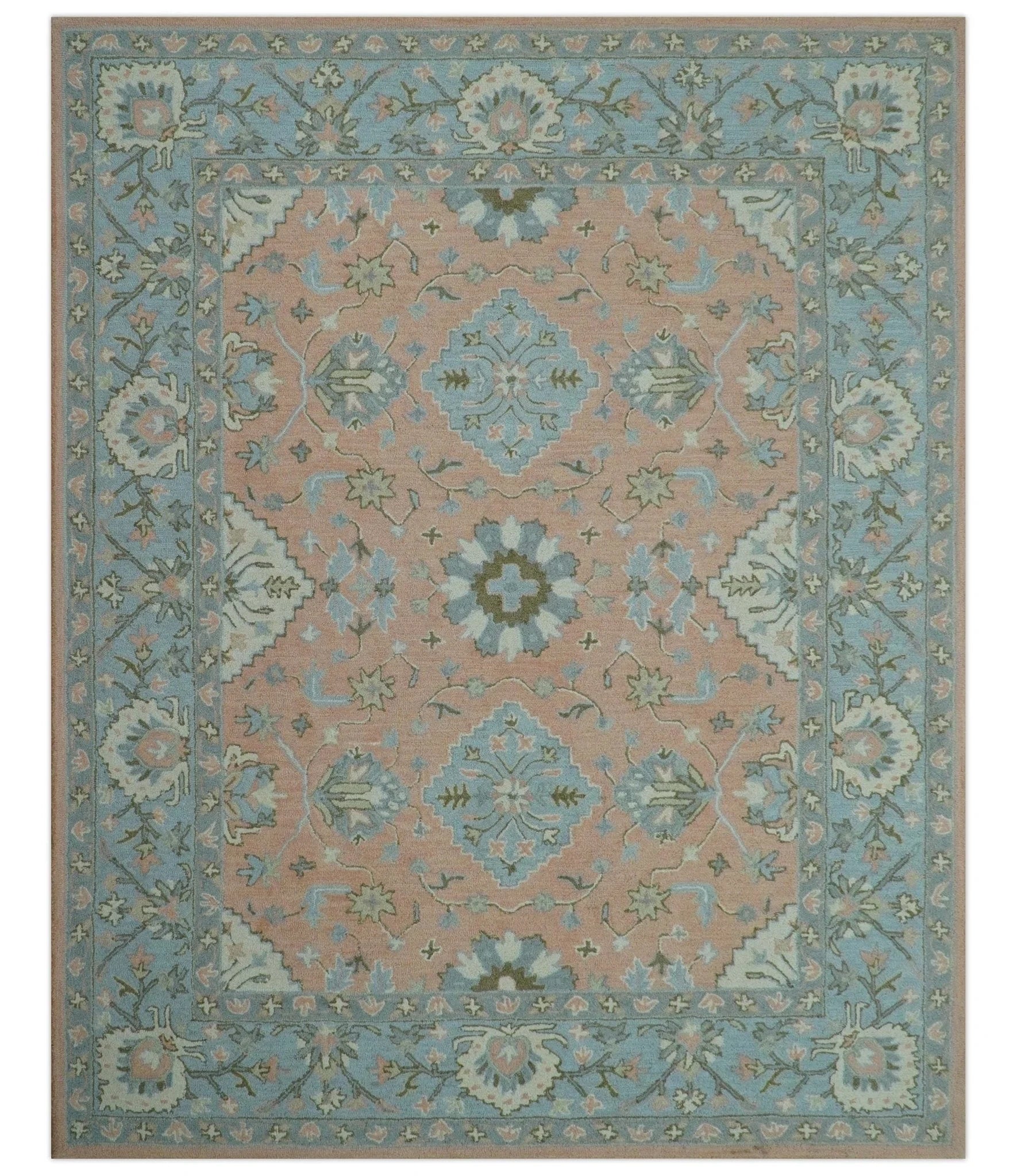 Custom Made Traditional Oriental Design Pink And Blue Hand Tufted Wool Area Rug - The Rug Decor