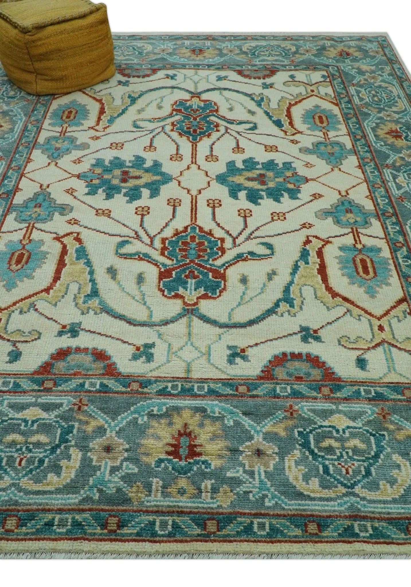 Custom Made Traditional Oriental Oushak Ivory And Blue Hand Knotted Wool Rug - The Rug Decor