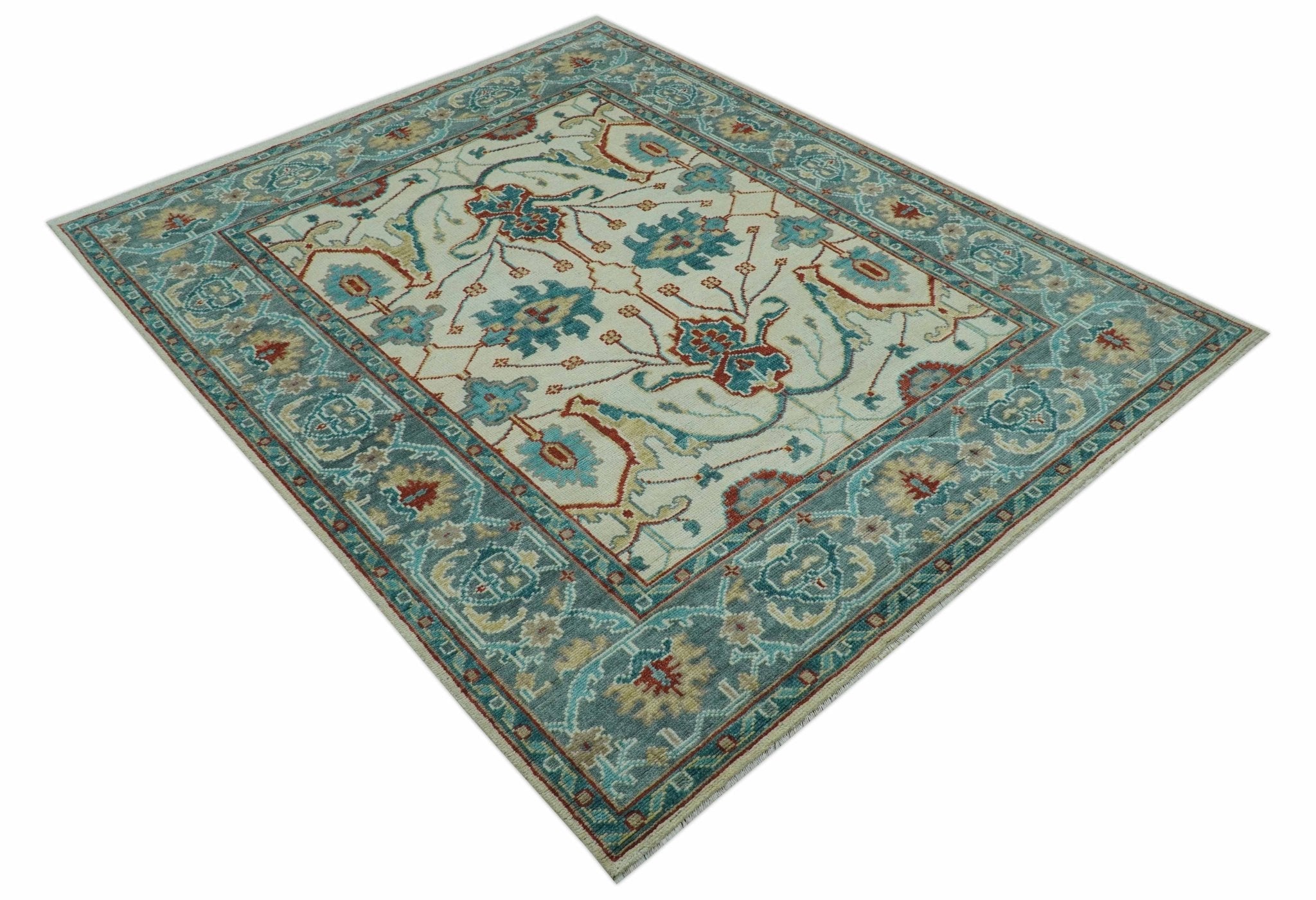 Custom Made Traditional Oriental Oushak Ivory And Blue Hand Knotted Wool Rug