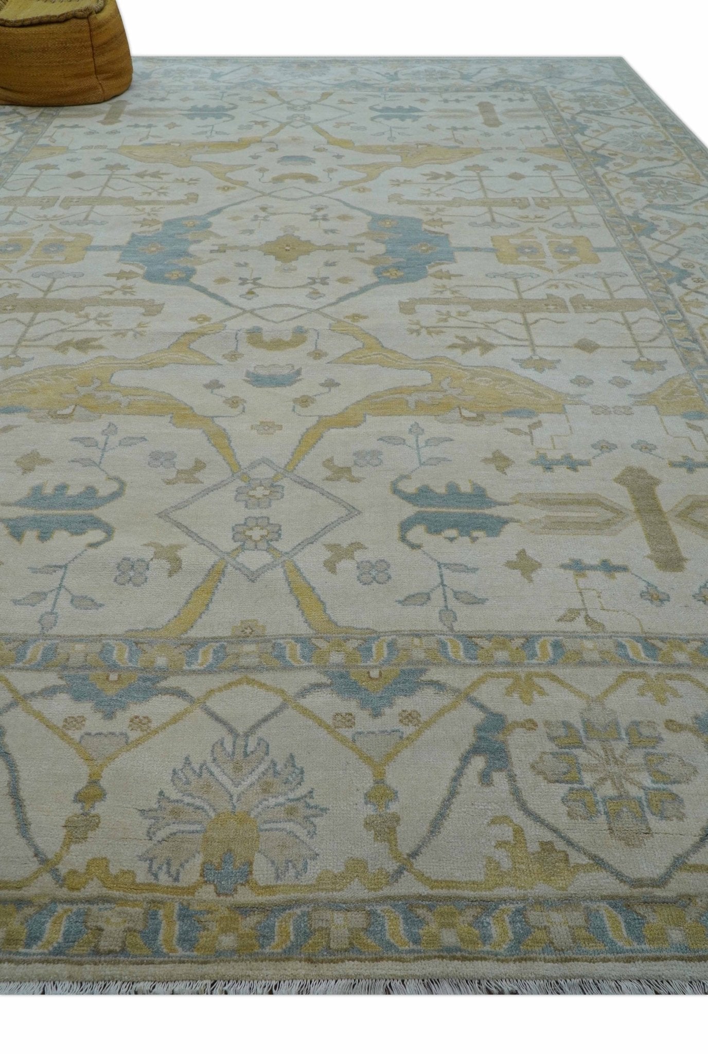 Custom Made Traditional Oushak Beige And Blue Hand Knotted Wool Rug