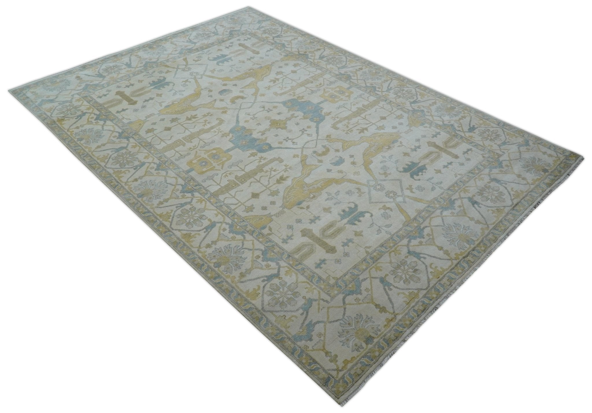 Custom Made Traditional Oushak Beige And Blue Hand Knotted Wool Rug