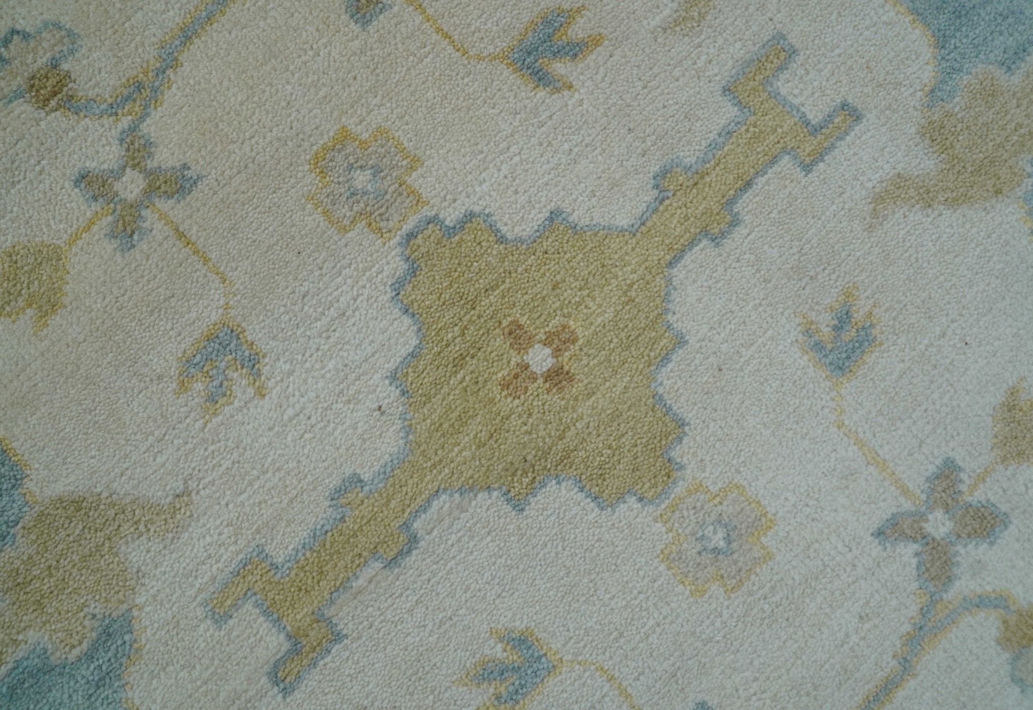 Custom Made Traditional Oushak Beige And Blue Hand Knotted Wool Rug