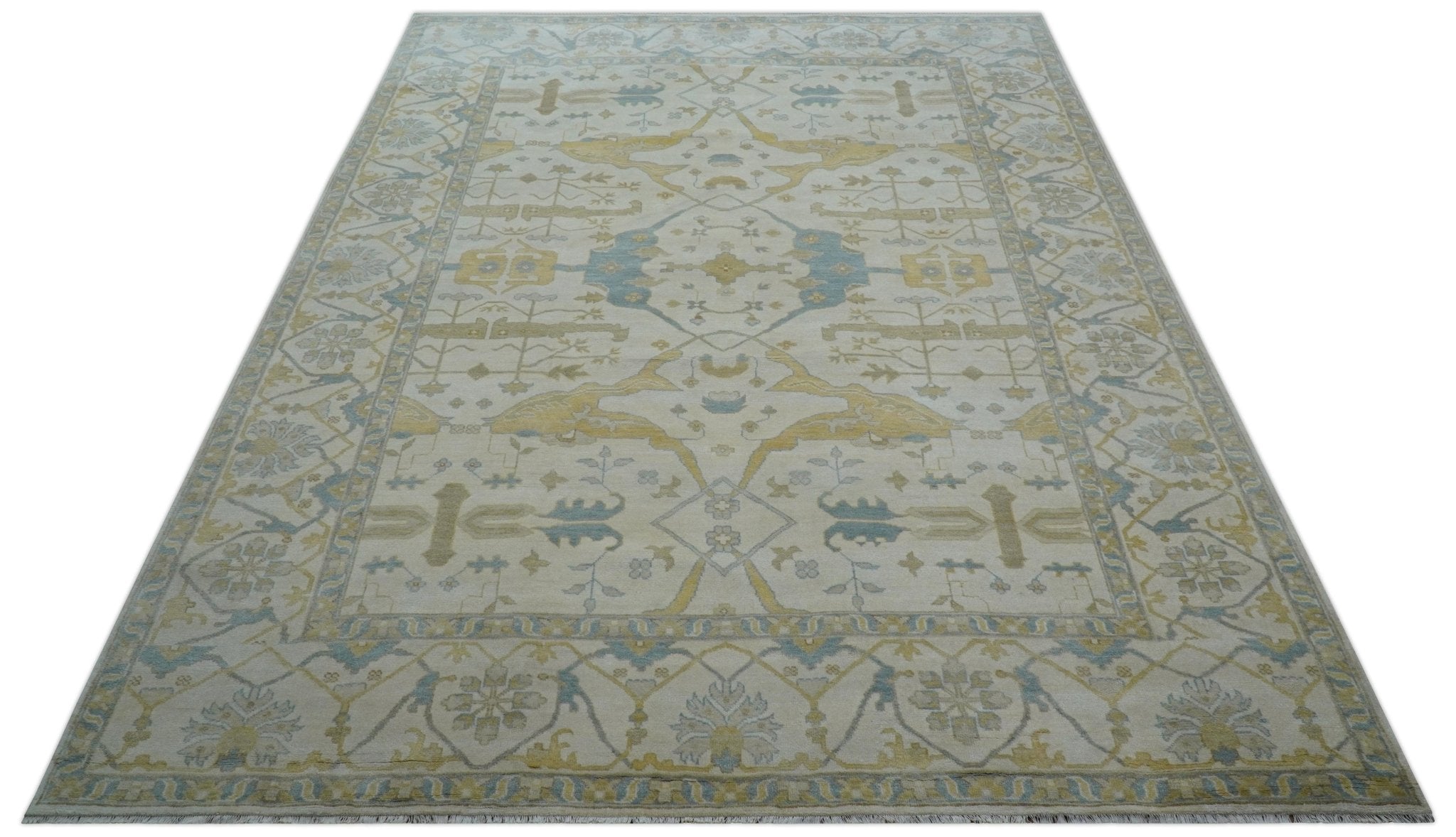 Custom Made Traditional Oushak Beige And Blue Hand Knotted Wool Rug