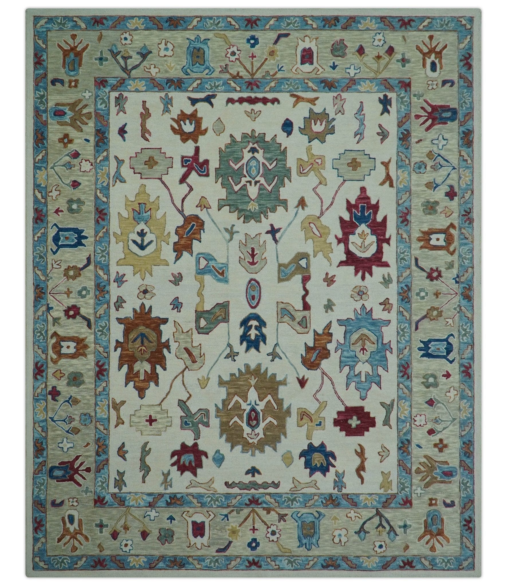 Custom Made Traditional Oushak Blue And Beige Hand Tufted Wool Rug