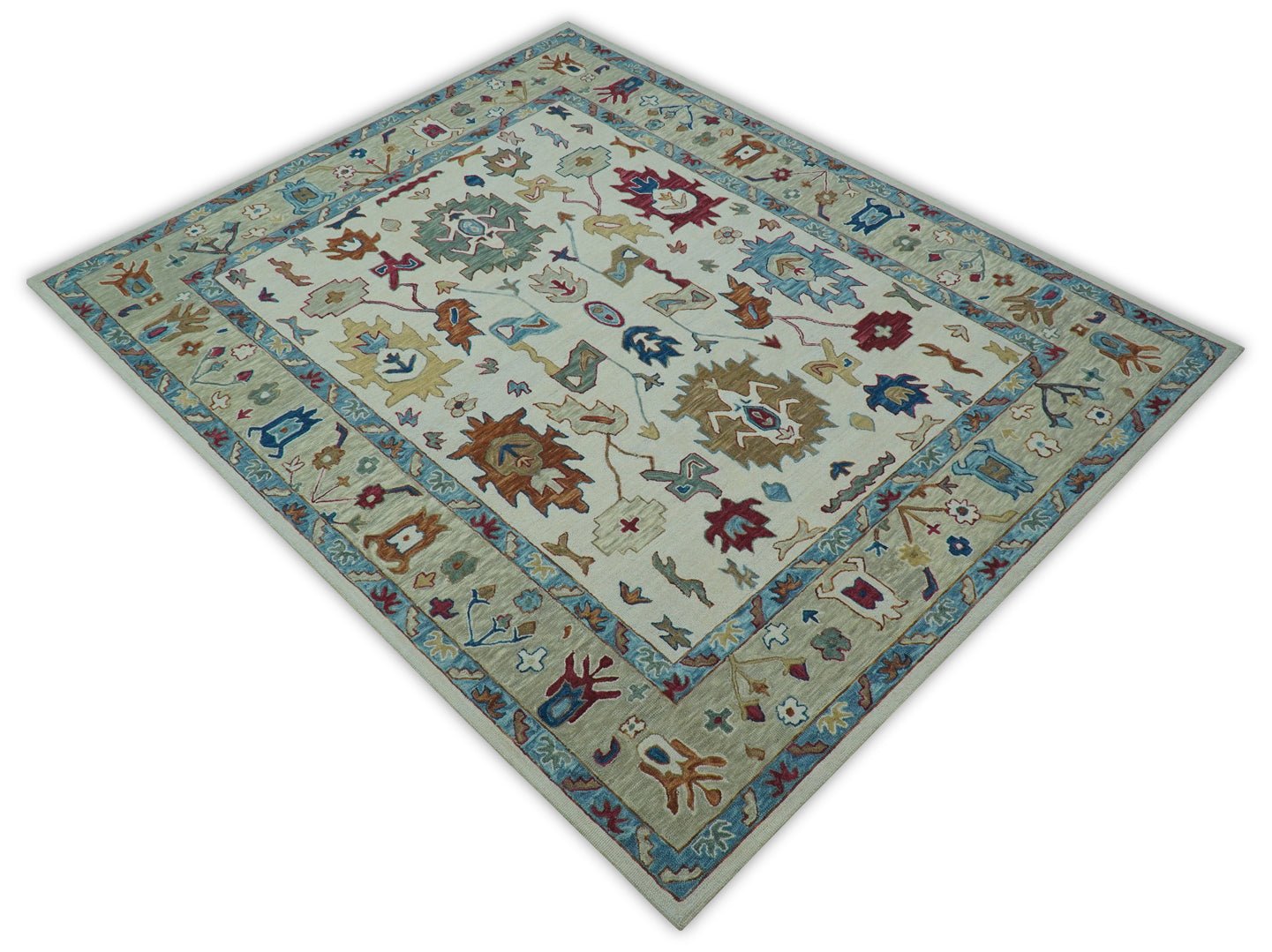 Custom Made Traditional Oushak Blue And Beige Hand Tufted Wool Rug