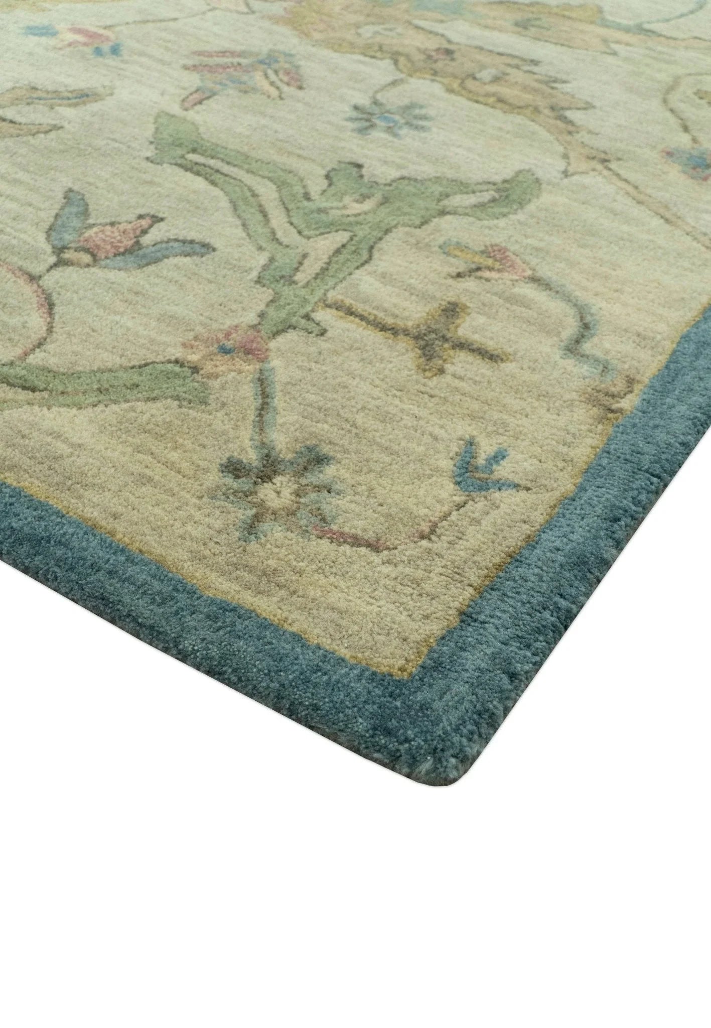 Custom Made Traditional Oushak Design Beige And Blue Hand Tufted Wool Area Rug - The Rug Decor