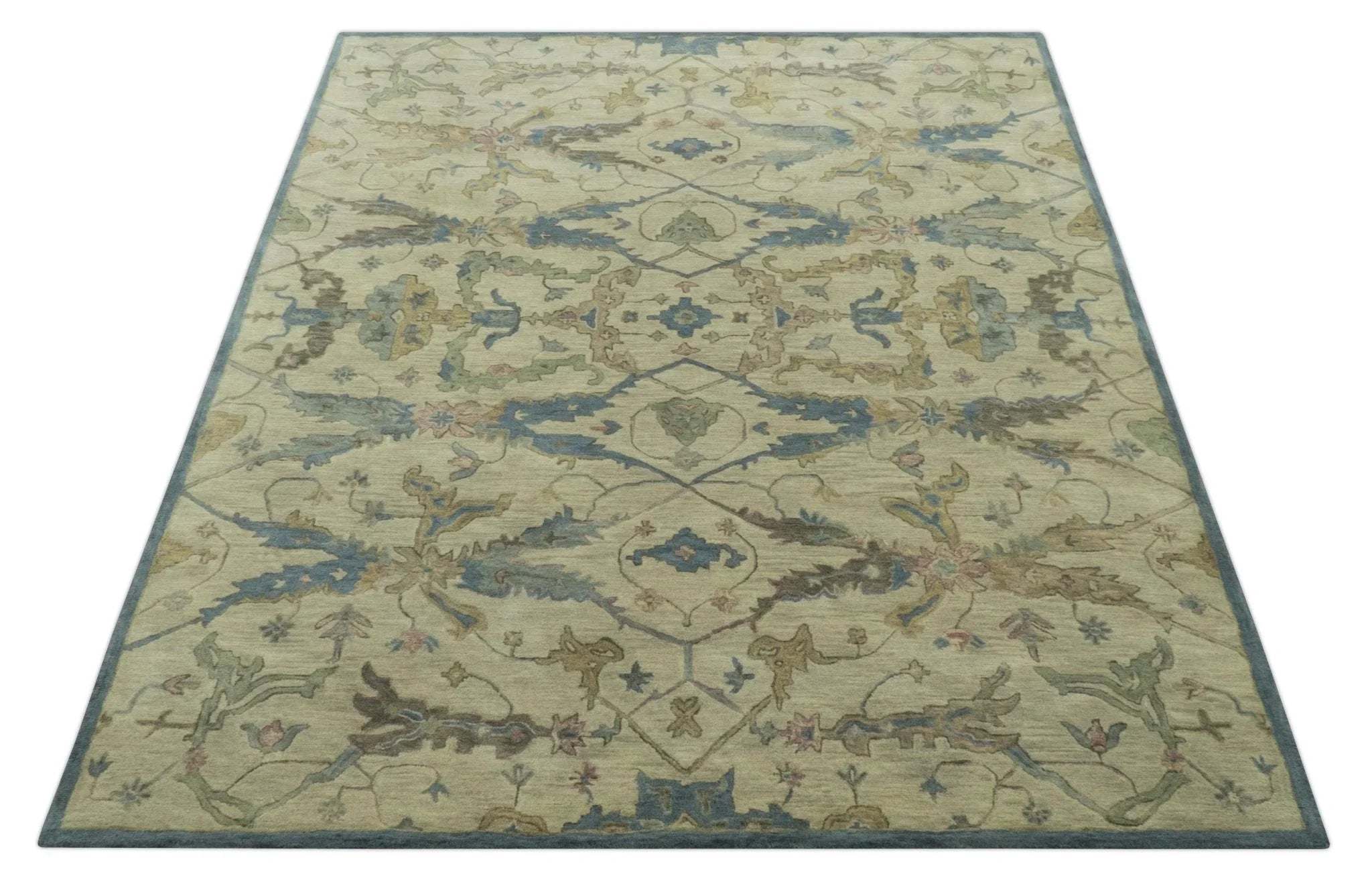 Custom Made Traditional Oushak Design Beige And Blue Hand Tufted Wool Area Rug - The Rug Decor