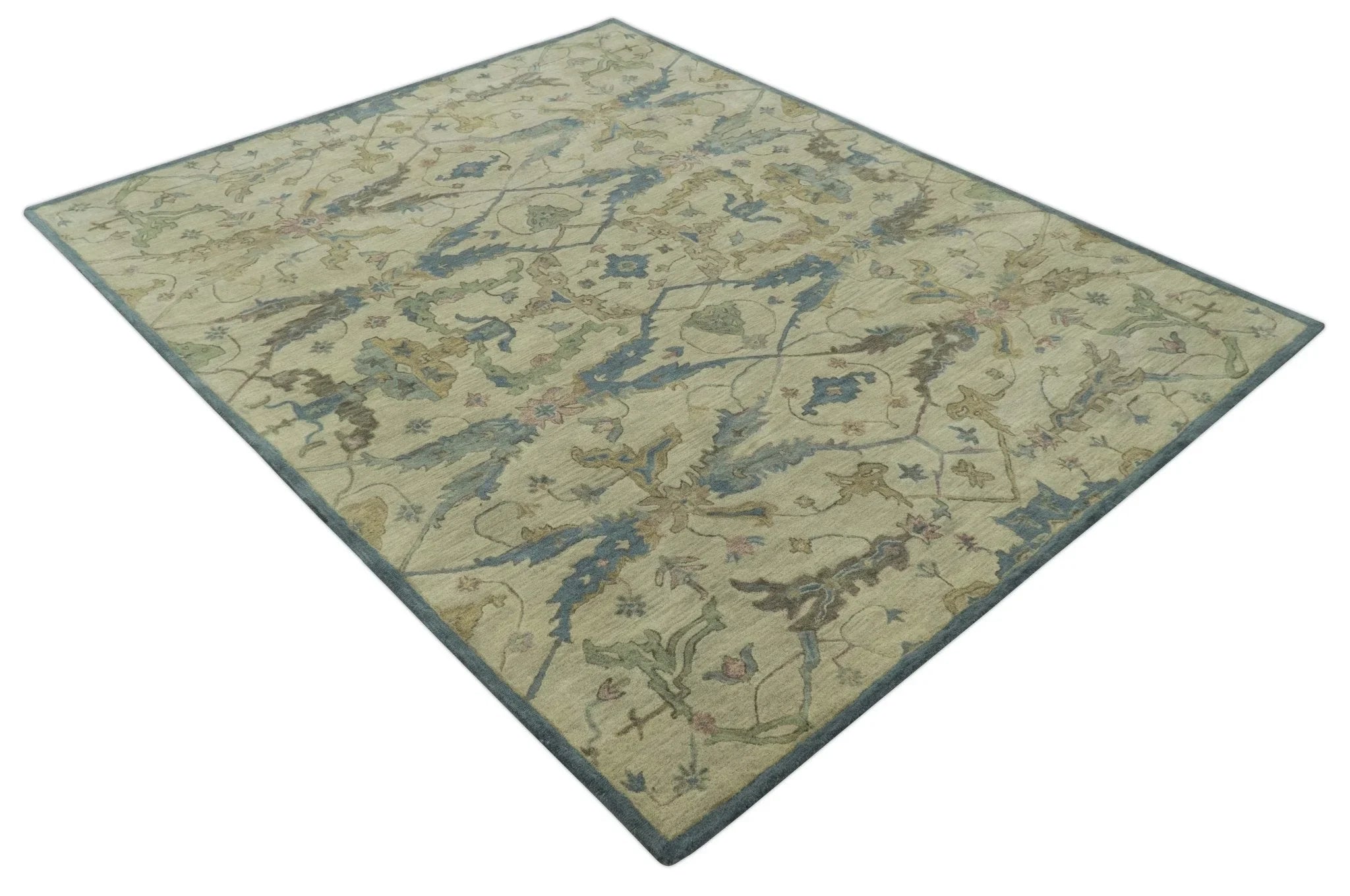 Custom Made Traditional Oushak Design Beige And Blue Hand Tufted Wool Area Rug - The Rug Decor