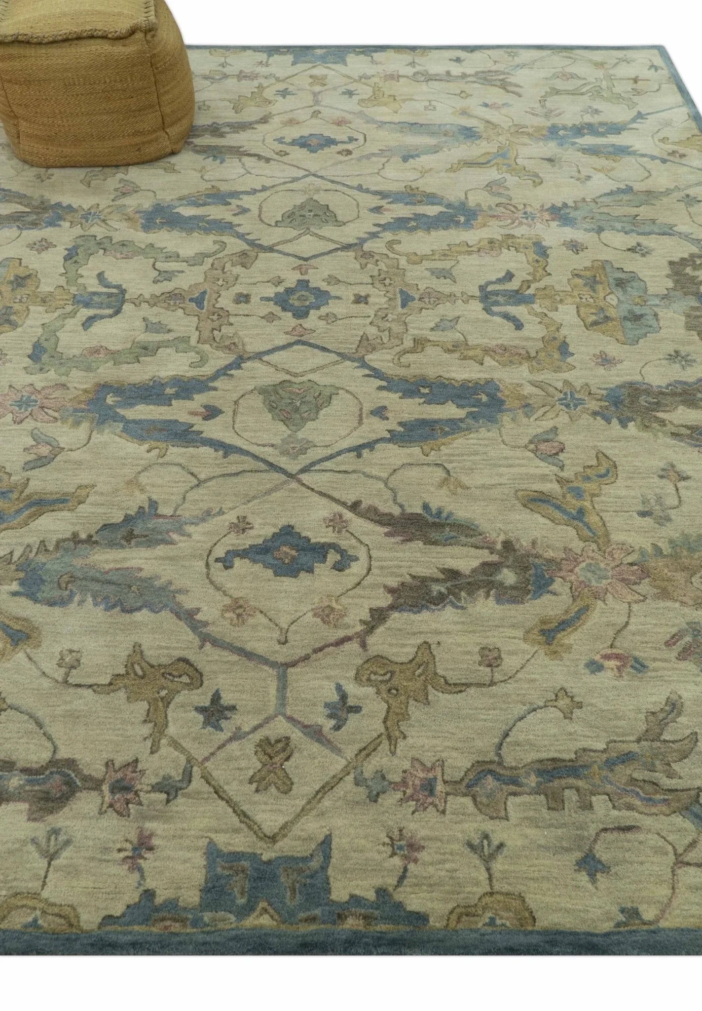 Custom Made Traditional Oushak Design Beige And Blue Hand Tufted Wool Area Rug - The Rug Decor