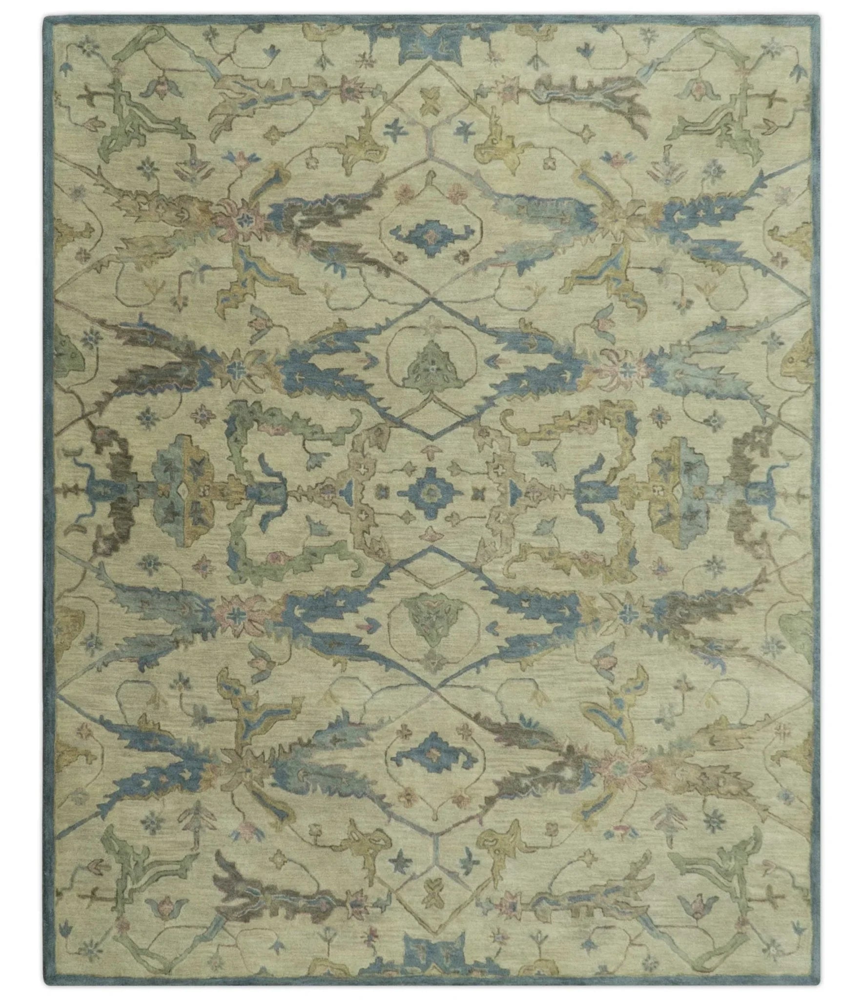 Custom Made Traditional Oushak Design Beige And Blue Hand Tufted Wool Area Rug - The Rug Decor