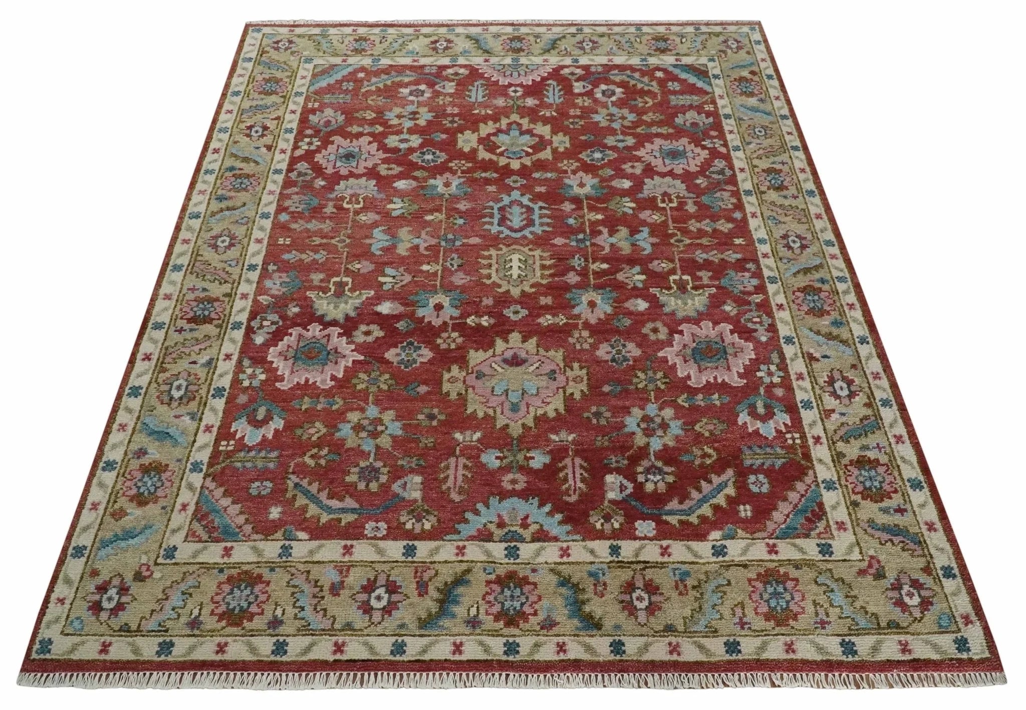 Custom Made Traditional Oushak Rust, Beige and Teal Hand knotted wool Area Rug - The Rug Decor